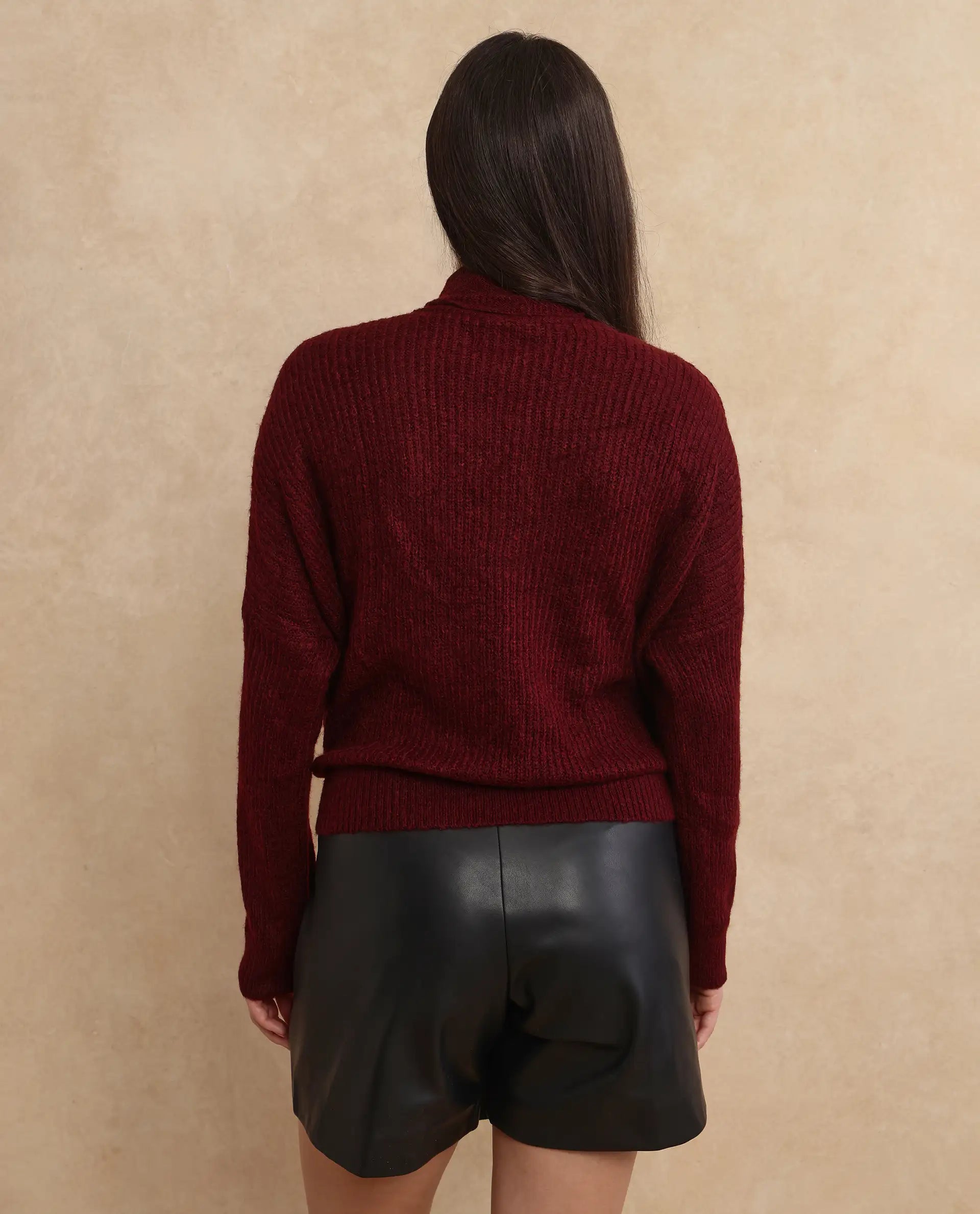 Rareism Women's Buzz Maroon Nylon Tie-Up Neck Plain Relaxed Fit Sweater