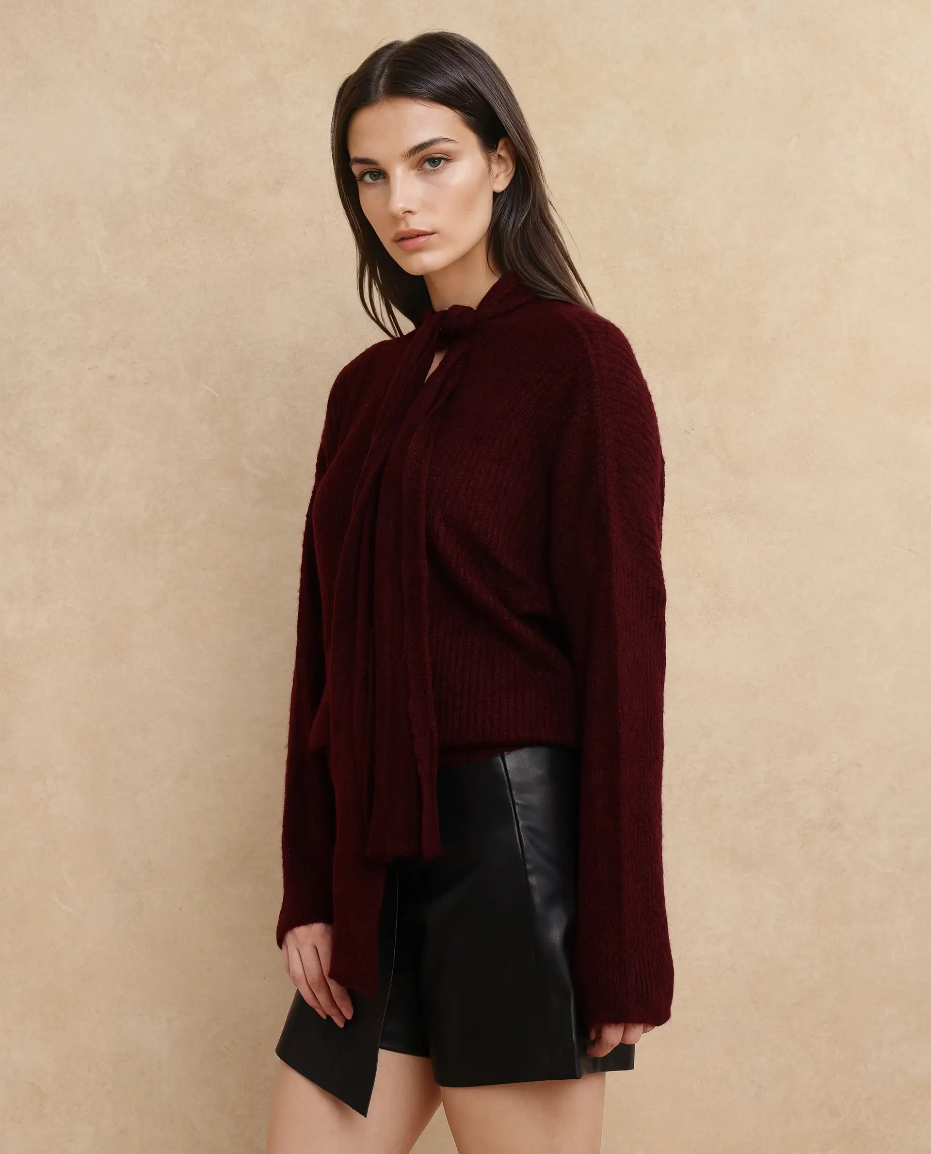 Rareism Women's Buzz Maroon Nylon Tie-Up Neck Plain Relaxed Fit Sweater