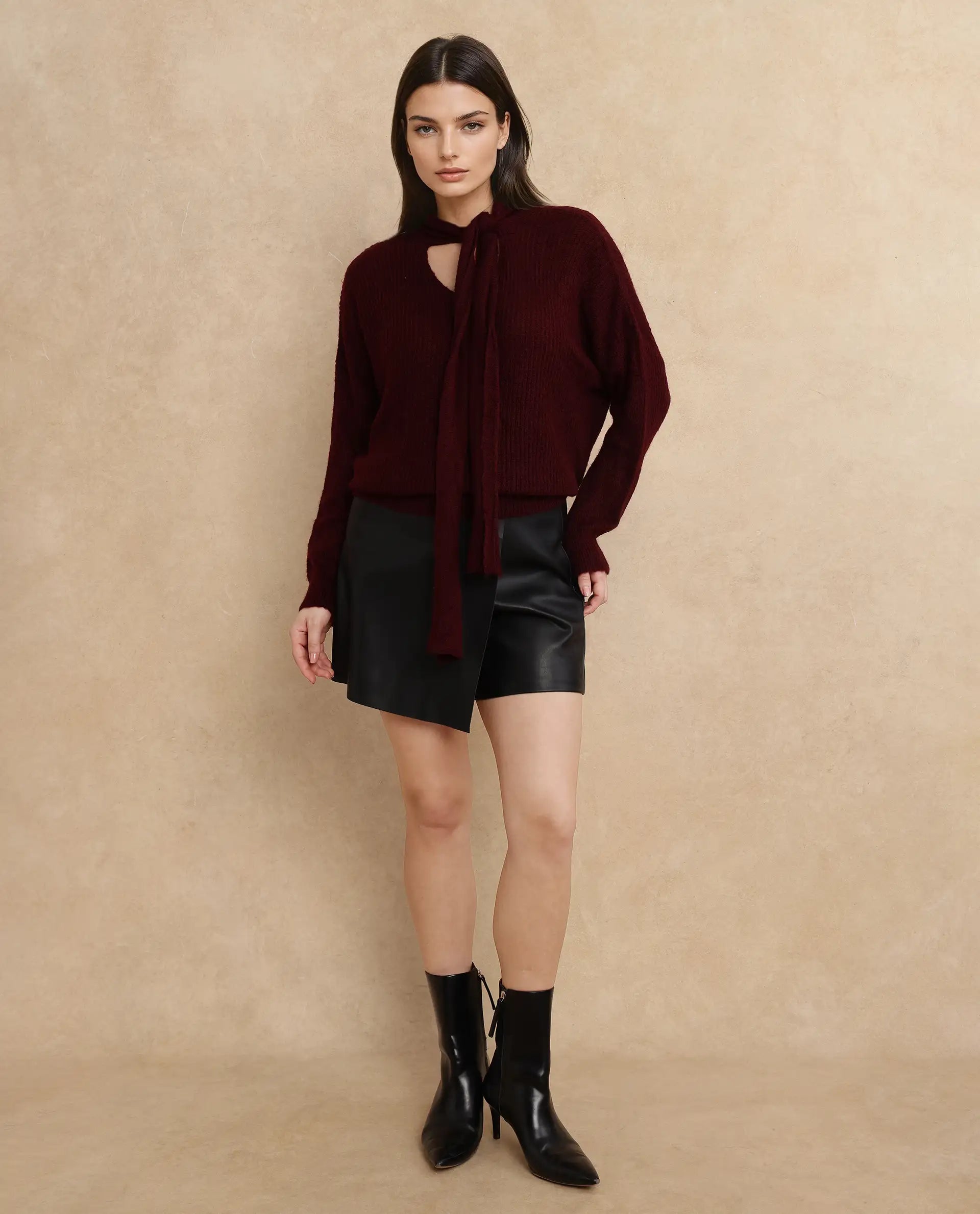 Rareism Women's Buzz Maroon Nylon Tie-Up Neck Plain Relaxed Fit Sweater