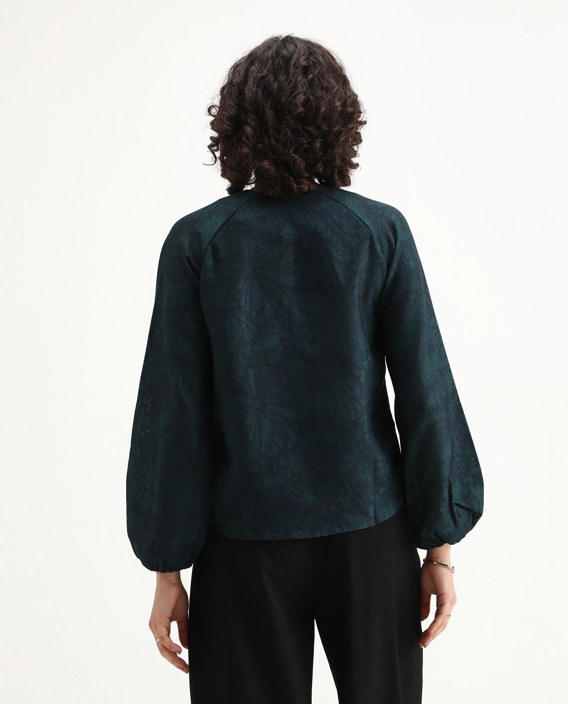 Rareism Women's Bhanism Teal Polyester Round Neck Abstract Print Bishop Sleeve Regular Fit Top