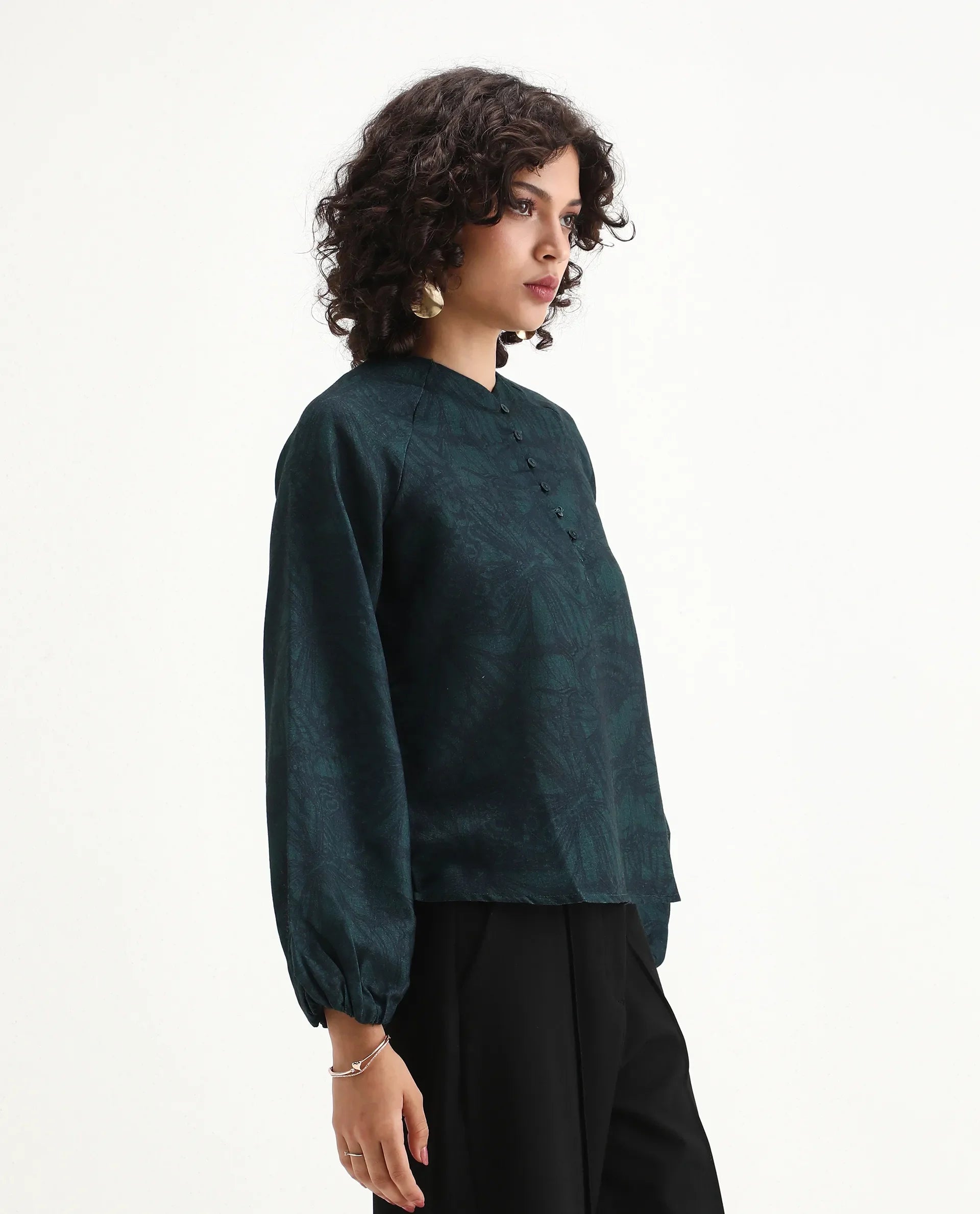 Rareism Women's Bhanism Teal Polyester Round Neck Abstract Print Bishop Sleeve Regular Fit Top