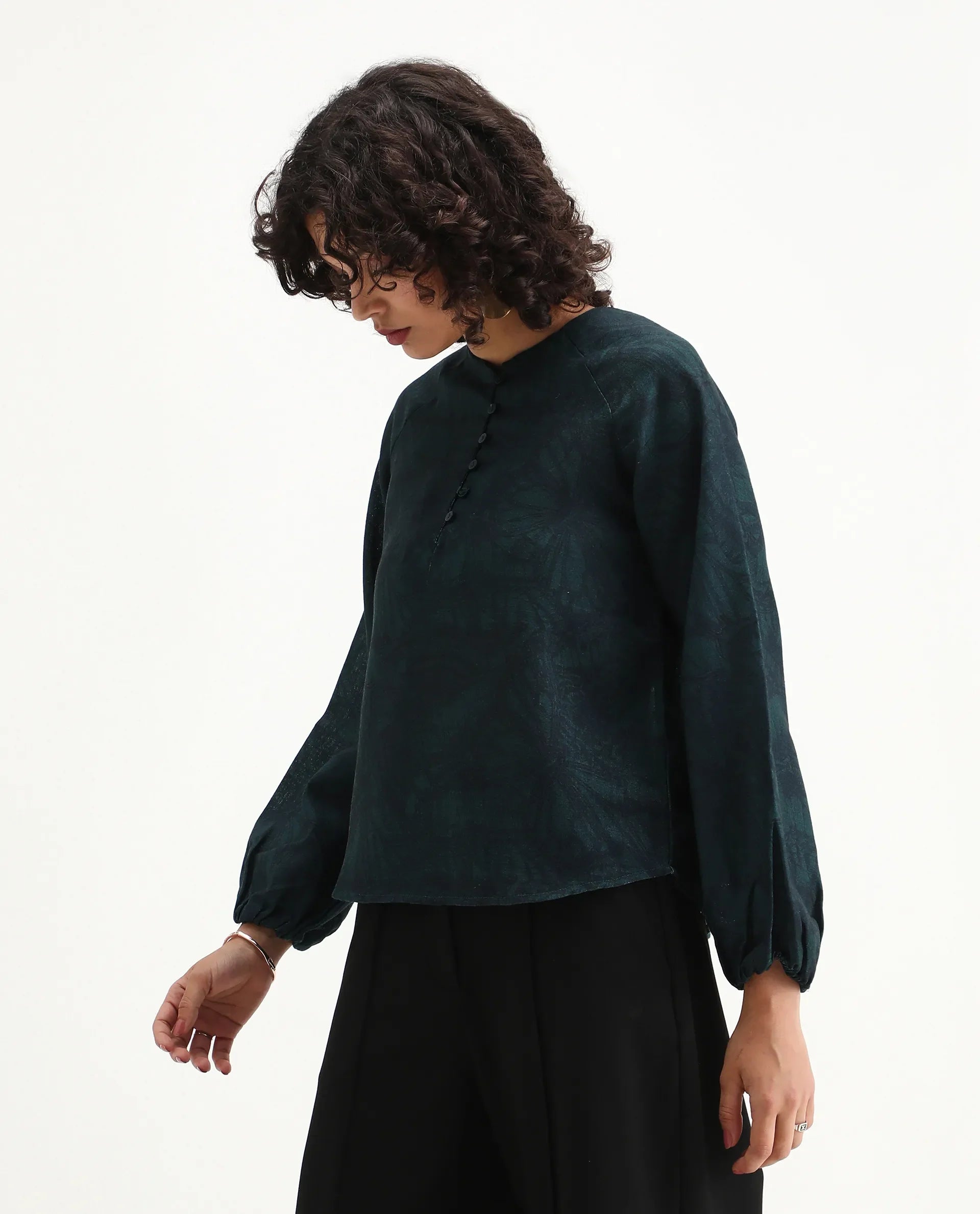 Rareism Women's Bhanism Teal Polyester Round Neck Abstract Print Bishop Sleeve Regular Fit Top