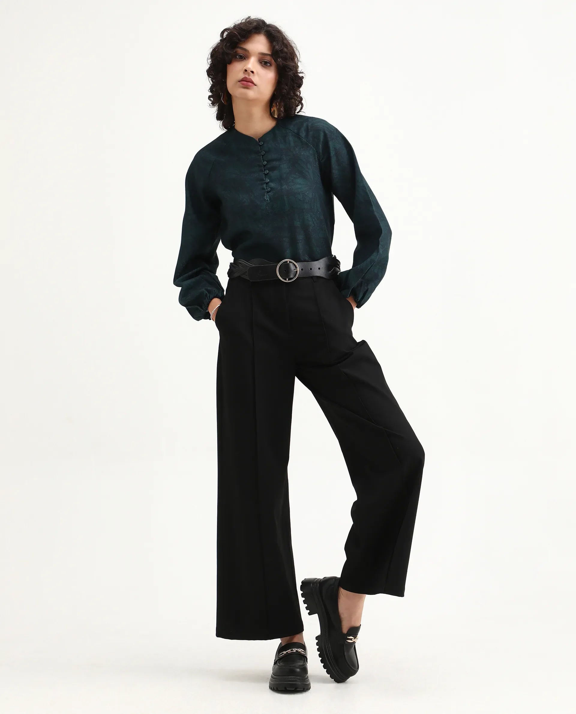 Rareism Women's Bhanism Teal Polyester Round Neck Abstract Print Bishop Sleeve Regular Fit Top