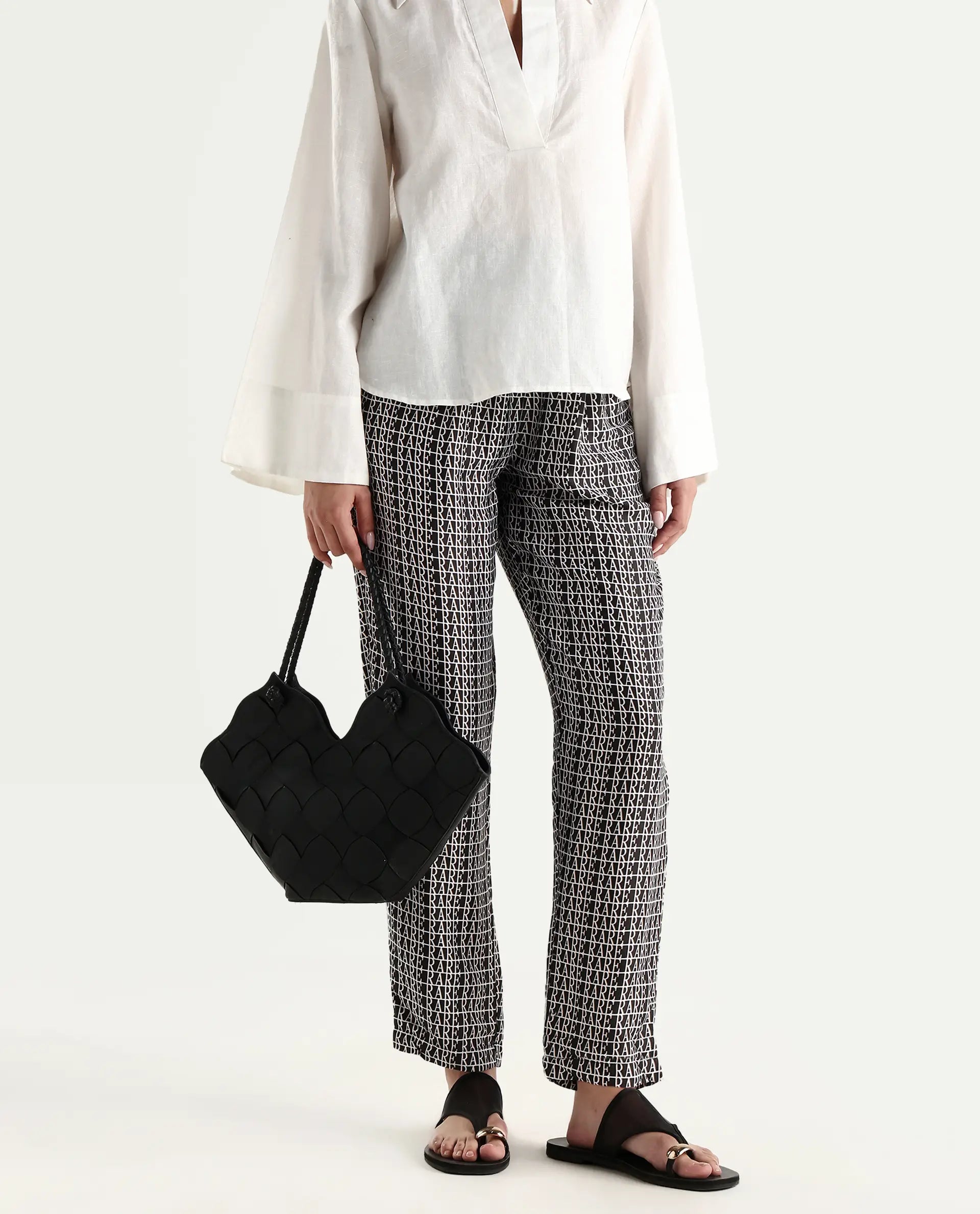 Rareism Women's Blakey Black Modal Blend Graphic Print Ankle Length Tailored Trouser