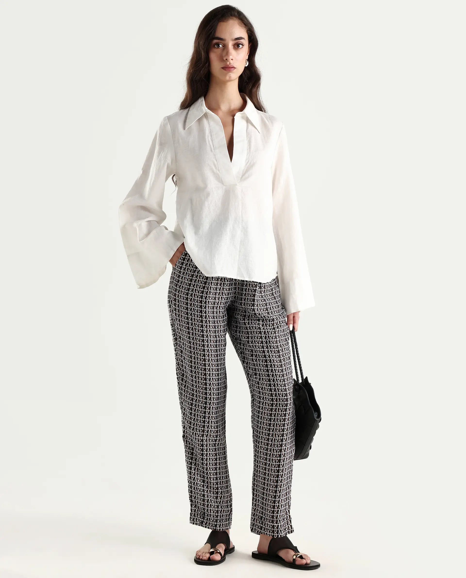 Rareism Women's Blakey Black Modal Blend Graphic Print Ankle Length Tailored Trouser