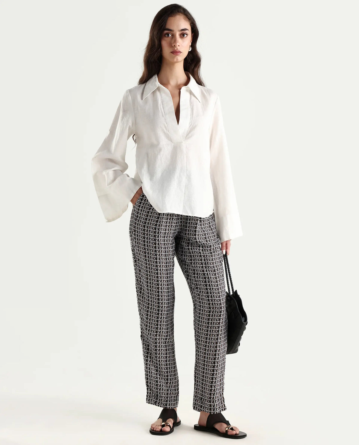 Rareism Women's Blakey Black Modal Blend Graphic Print Ankle Length Tailored Trouser