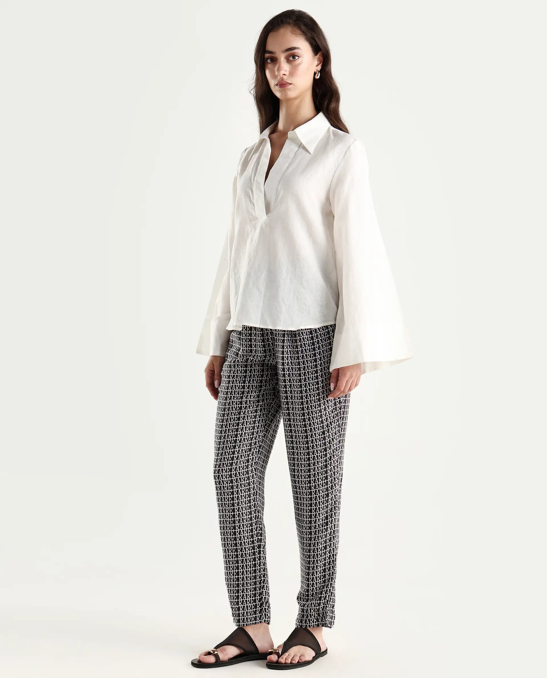 Rareism Women's Blakey Black Modal Blend Graphic Print Ankle Length Tailored Trouser