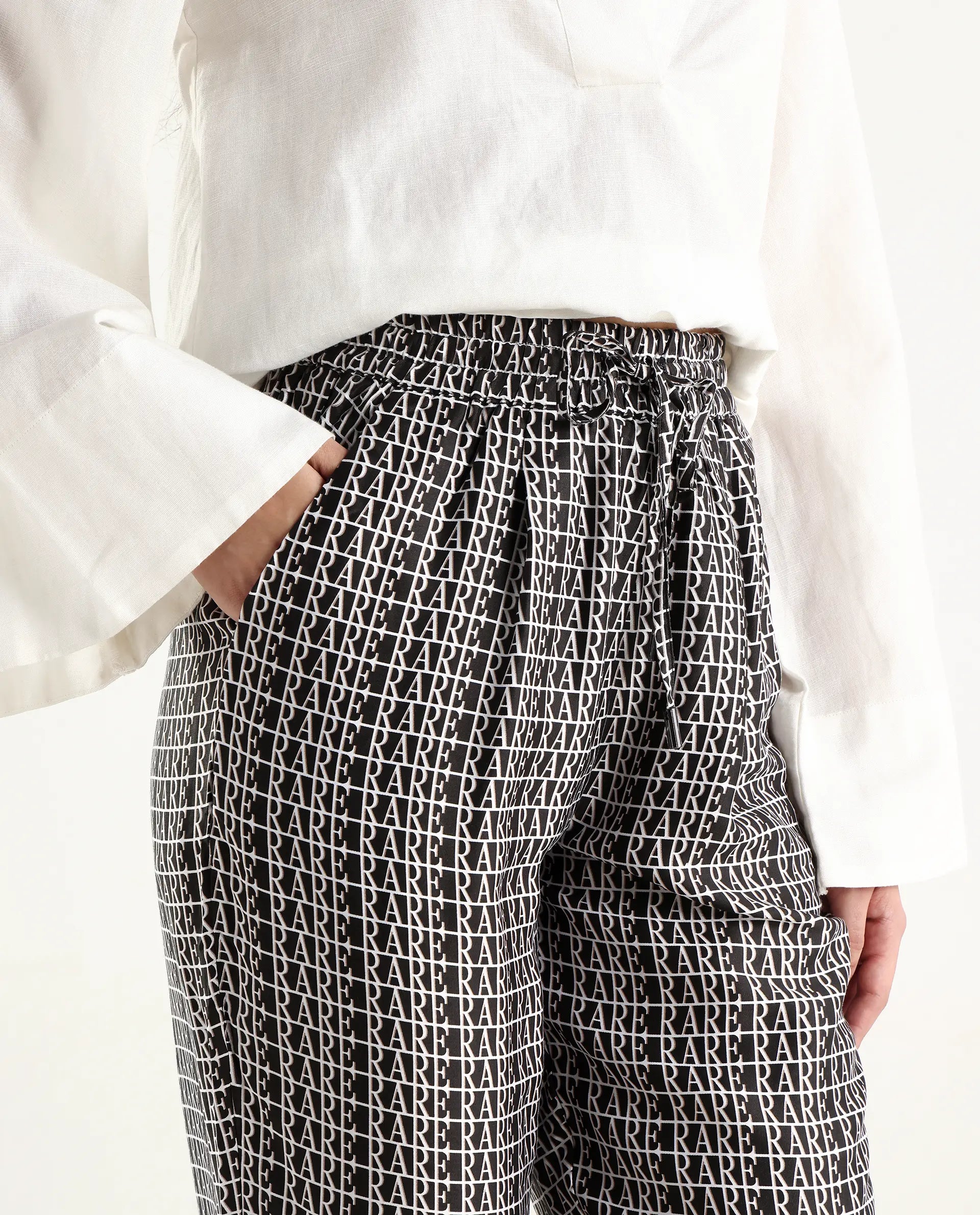 Rareism Women's Blakey Black Modal Blend Graphic Print Ankle Length Tailored Trouser