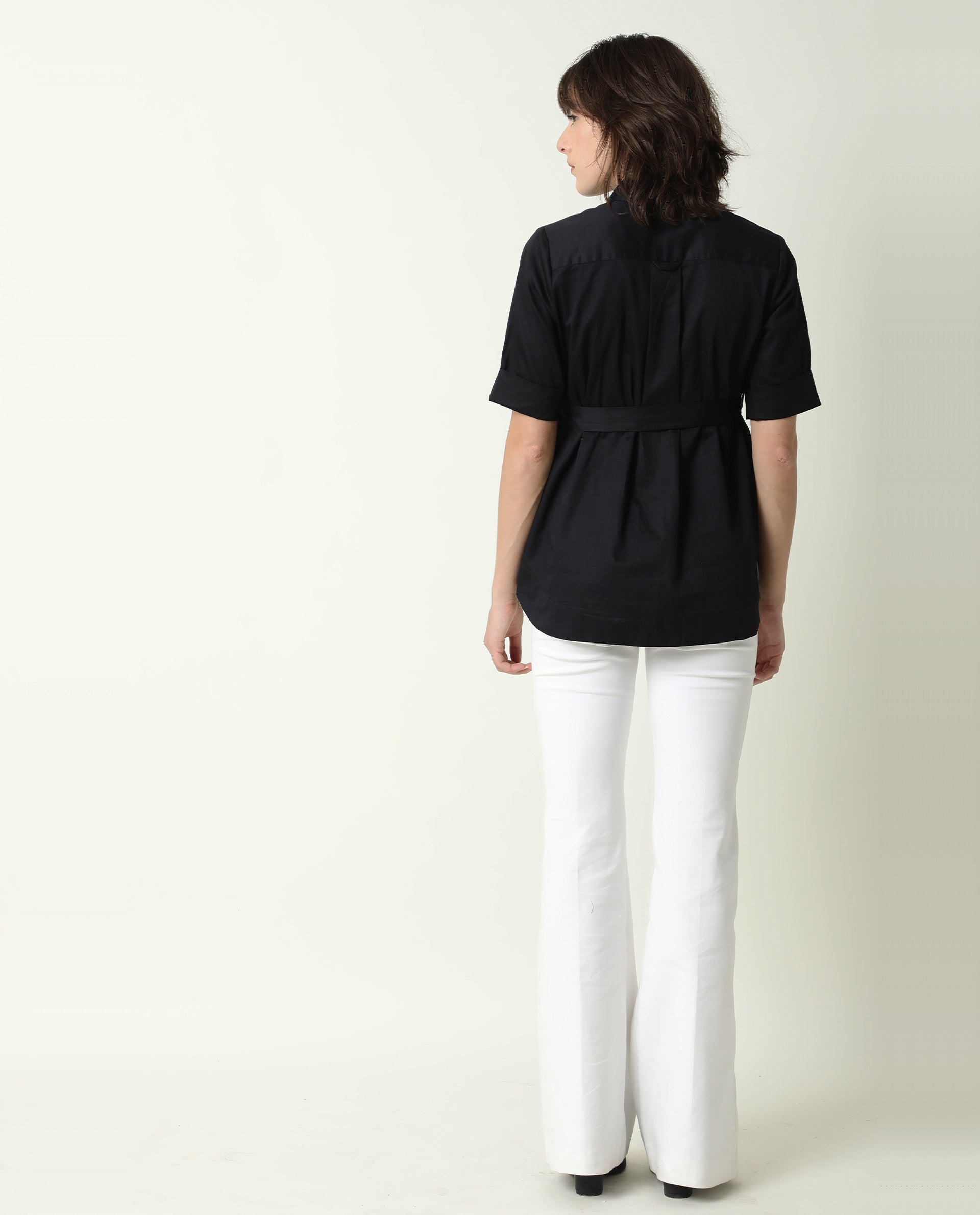 Rareism Women's Glitter Black Spread Collar Plain Knee Length Relaxed Fit Top