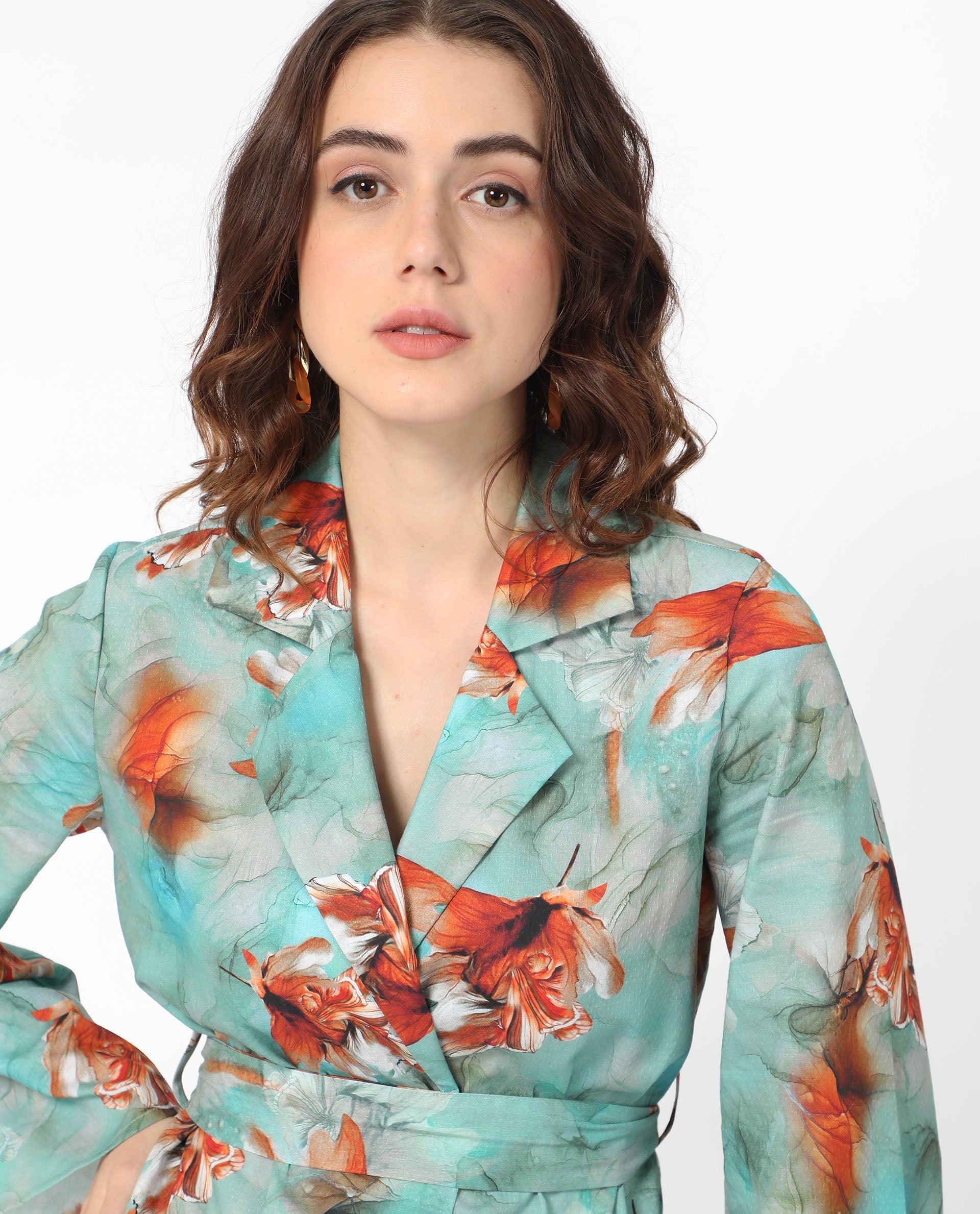 Rareism Women's Caden Blue Cotton Lapel Neck Abstract Print Bell Sleeve Mini Regular Fit Dress
