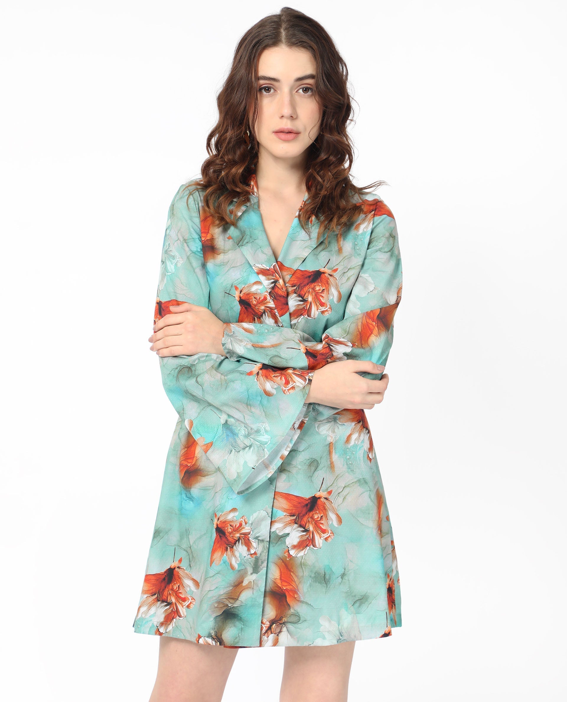 Rareism Women's Caden Blue Cotton Lapel Neck Abstract Print Bell Sleeve Mini Regular Fit Dress