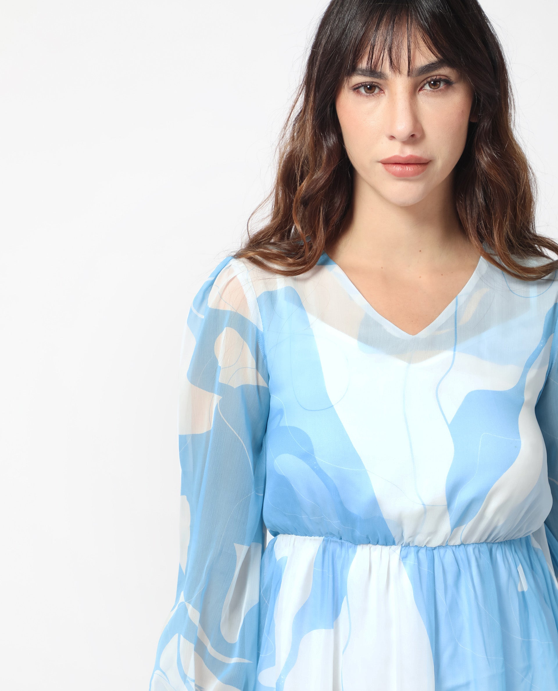 Rareism Women's Cadence Blue Polyester V-Neck Abstract Print Mini Regular Fit Dress
