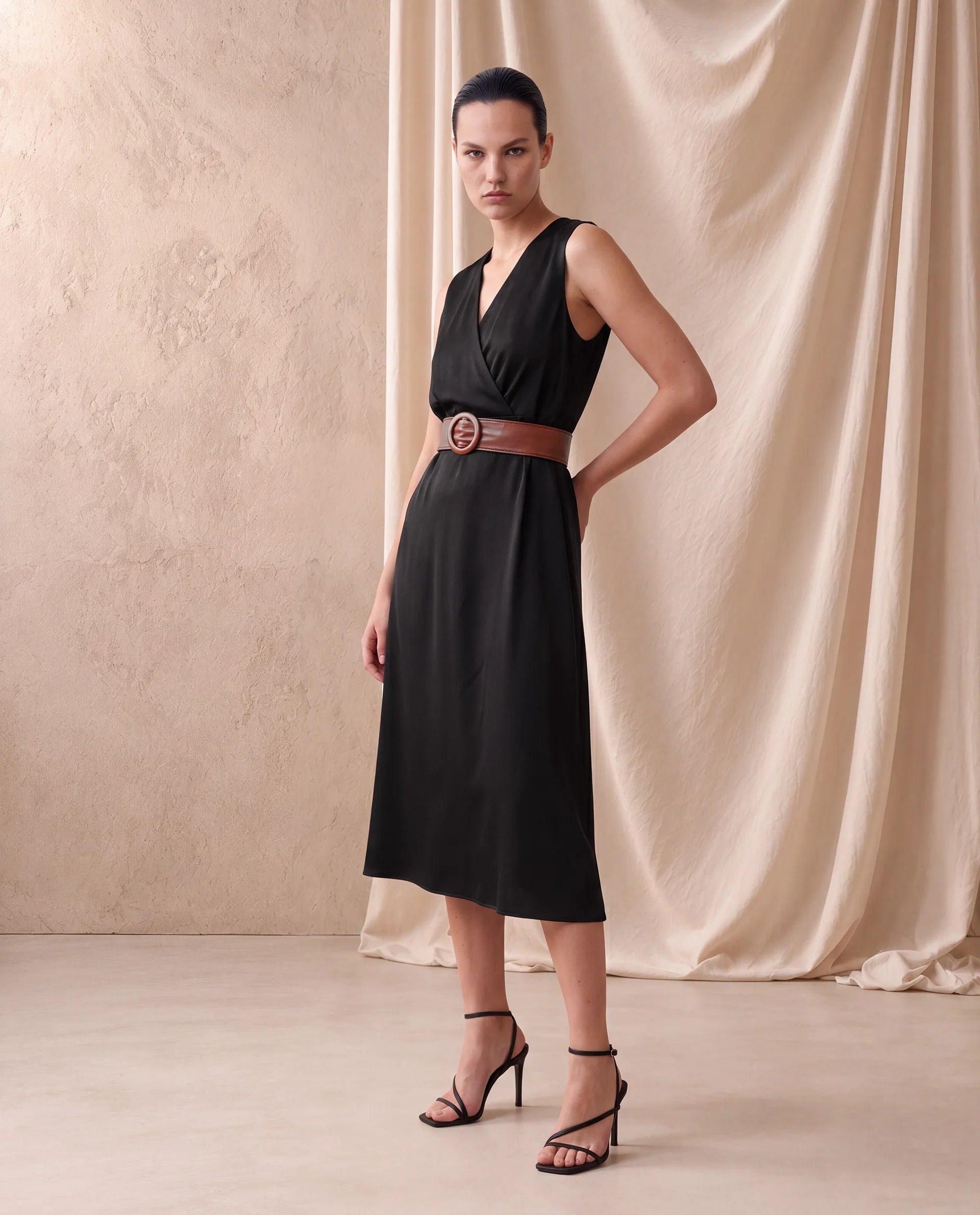 Rareism Women's Calen Black Cotton Satin Sleeveless A-Line Plain Dress