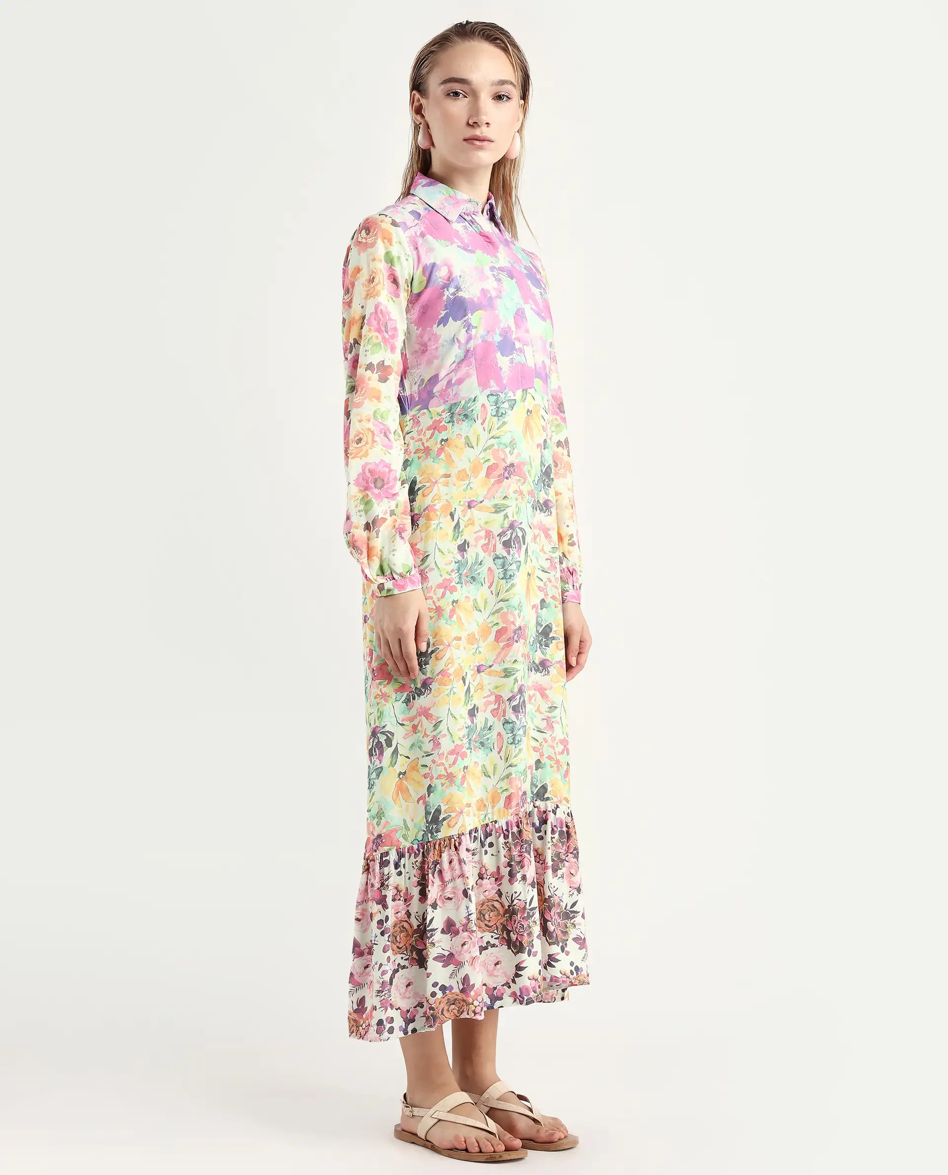 Rareism Women's Caliista Multi Viscose Spread Collar Floral Print Maxi Regular Fit Dress