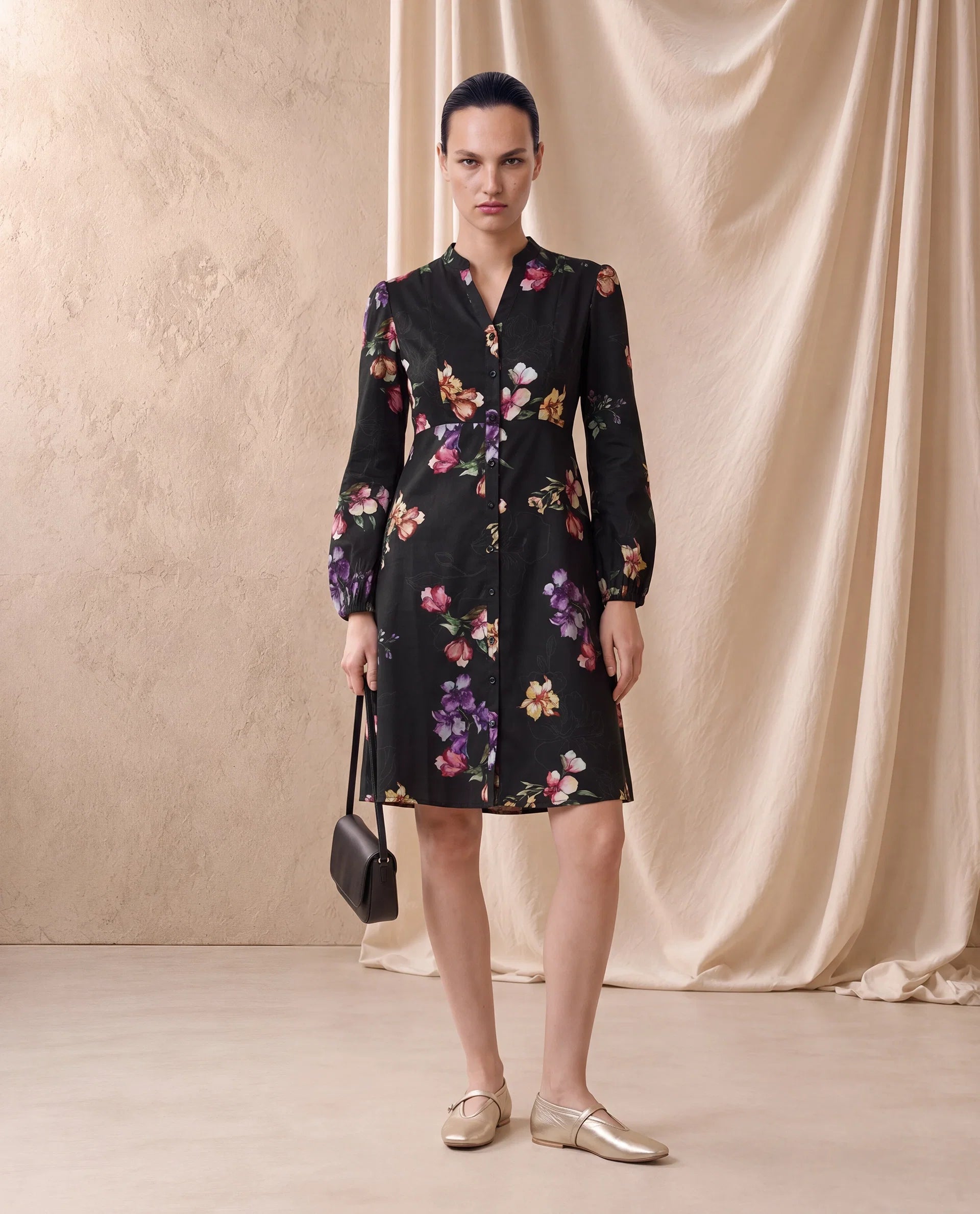 Rareism Women's Calin Black Cotton Full Sleeve A-Line Floral Print Dress