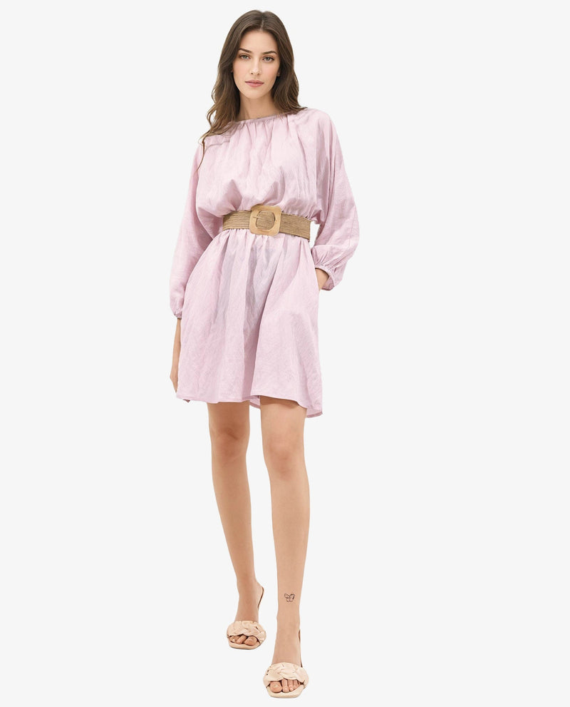 Rareism Women Callahan Pastel Purple Rayon Nylon Fabric Regular Sleeves Round Neck Solid Regular Length Dress