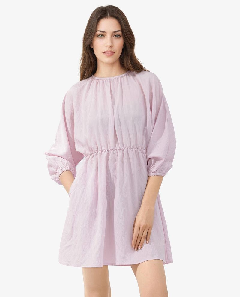 Rareism Women Callahan Pastel Purple Rayon Nylon Fabric Regular Sleeves Round Neck Solid Regular Length Dress