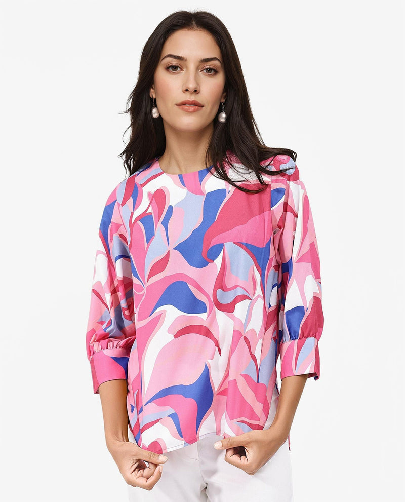 Rareism Women Callisto Multi Polyester Fabric Three Quarter Sleeve Collar Abstract Print Regular Fit Top