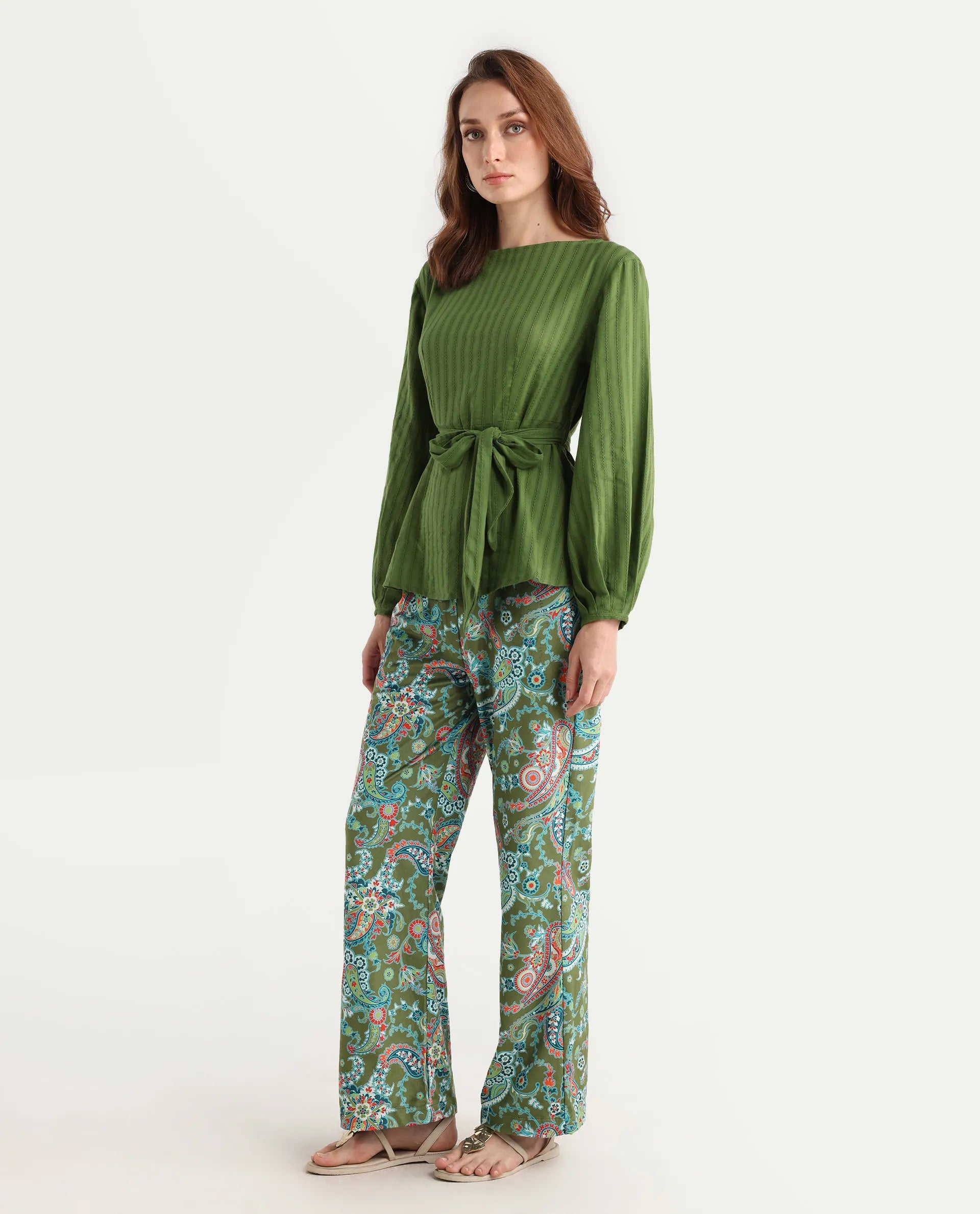 Rareism Women's Camder B Multi Velvet Paisley Print Ankle Length Bootcut Trouser