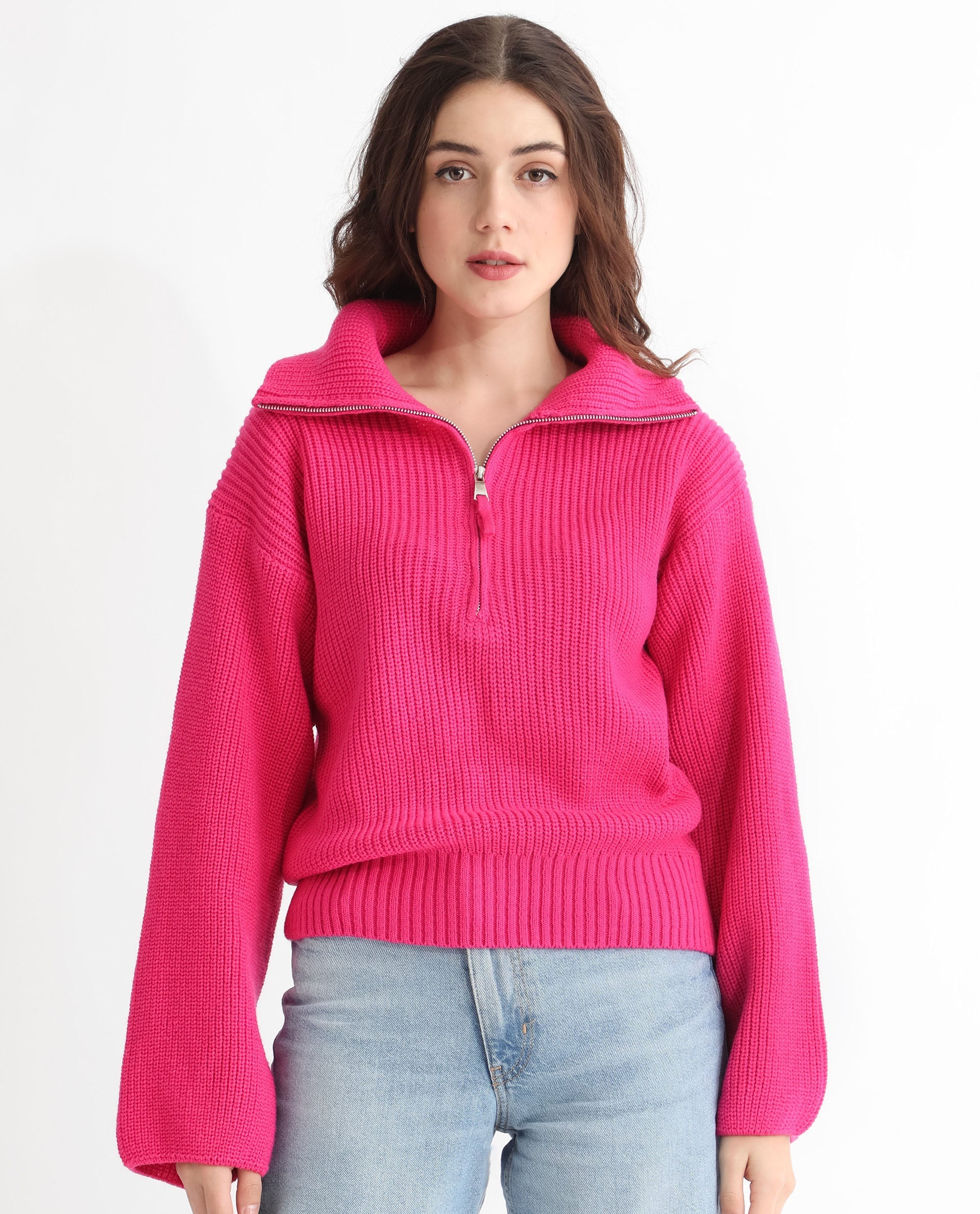 Rareism Women Camille Dark Pink Acrylic Fabric Full Sleeves Relaxed Fit Solid Drop Collar Sweater