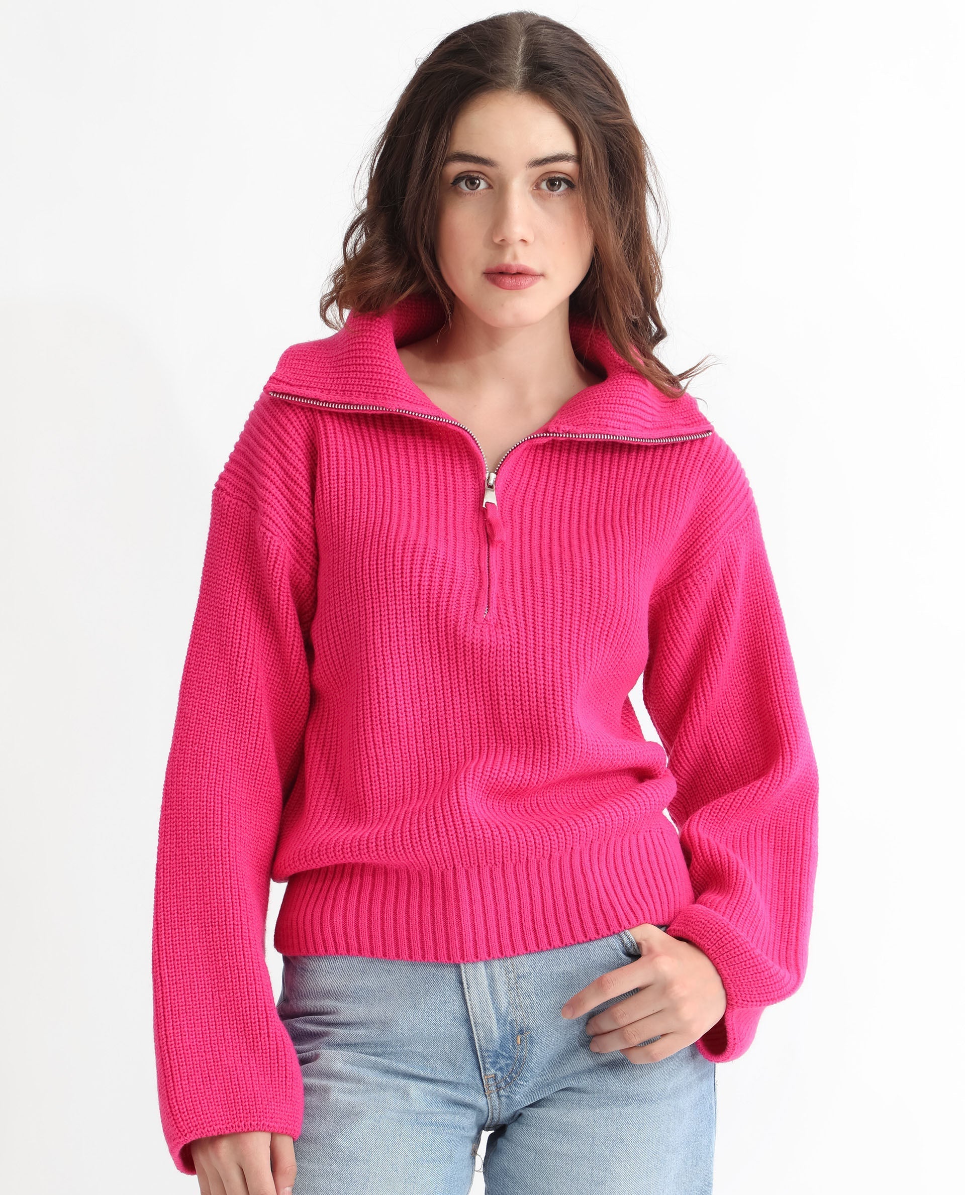 Rareism Women Camille Dark Pink Acrylic Fabric Full Sleeves Relaxed Fit Solid Drop Collar Sweater