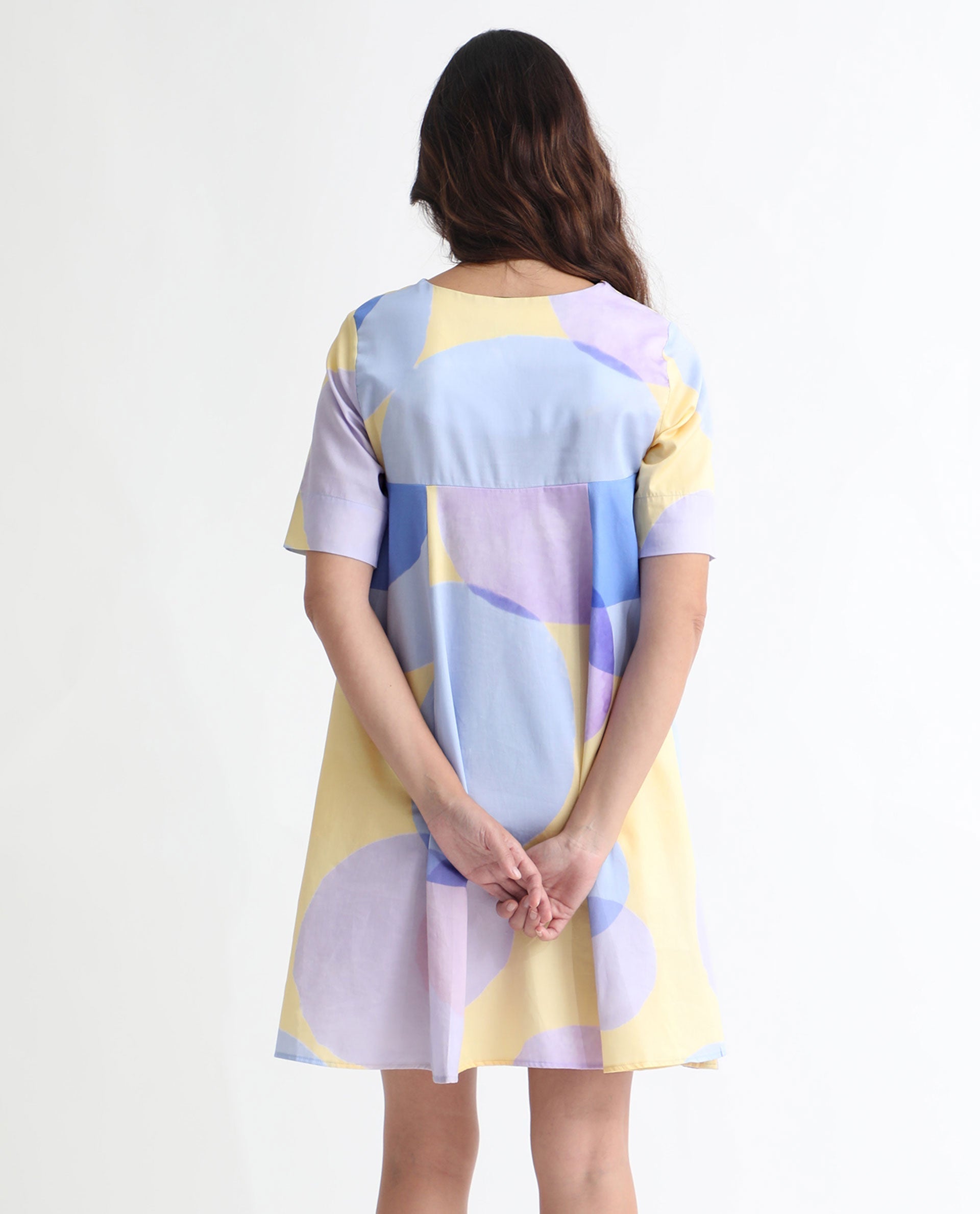 Rareism Women Campbell Yellow Cotton Fabric Short Sleeves Over Lap Flared Fit Abstract Print Knee Length Empire Dress