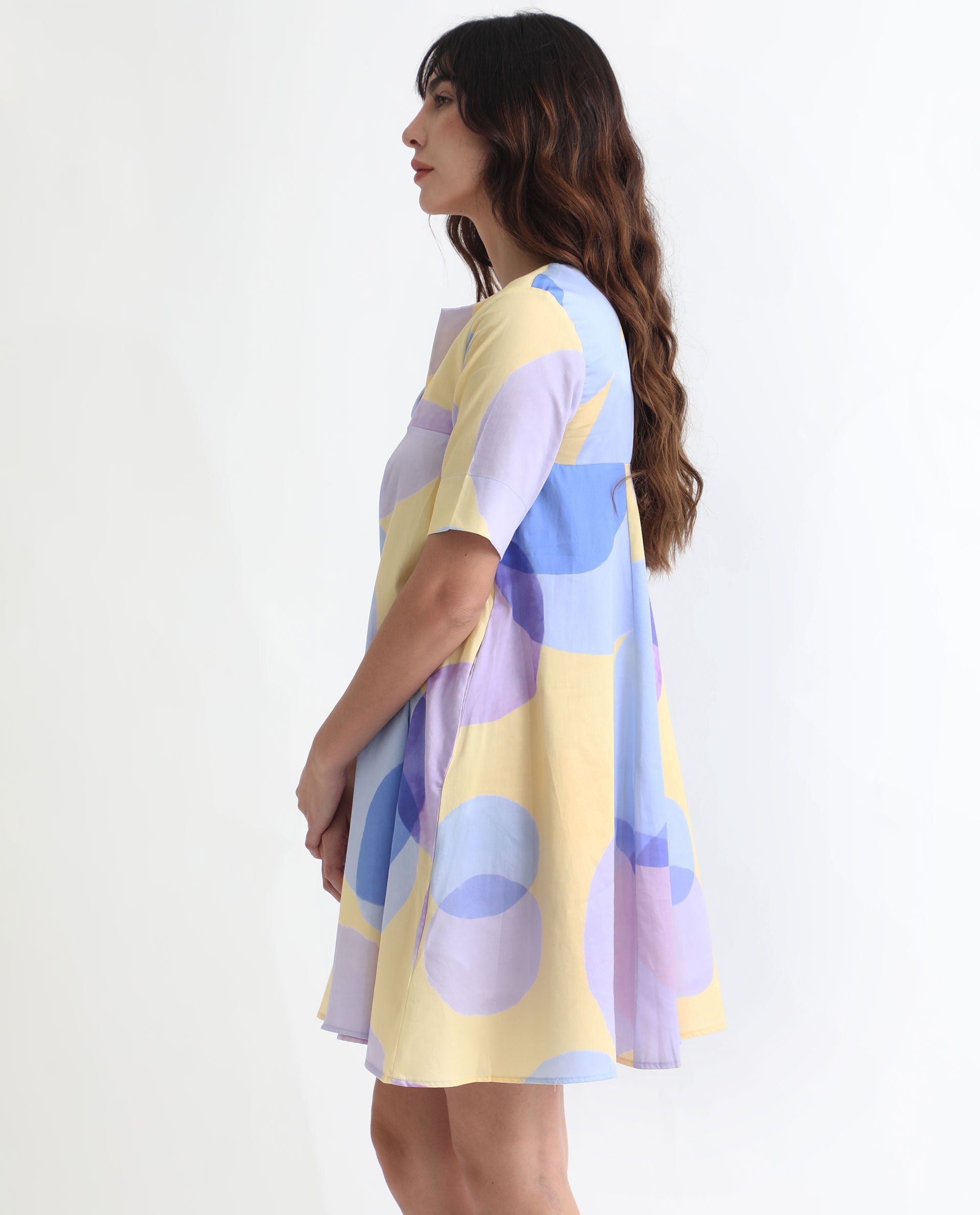 Rareism Women Campbell Yellow Cotton Fabric Short Sleeves Over Lap Flared Fit Abstract Print Knee Length Empire Dress