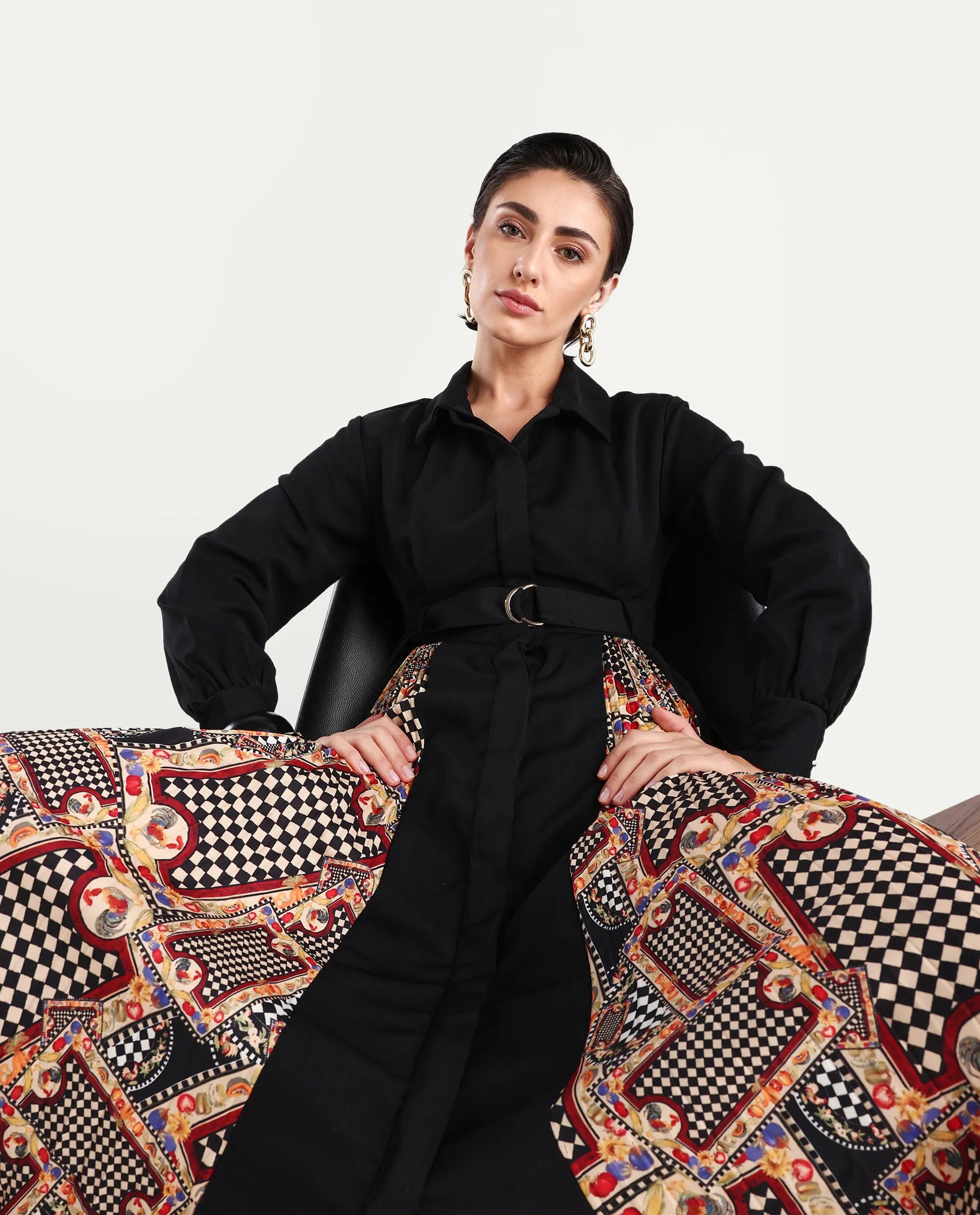 Rareism Women's Canadzor Multi Satin Drop Collar Geometric Print Bishop Sleeve Maxi Flared Dress