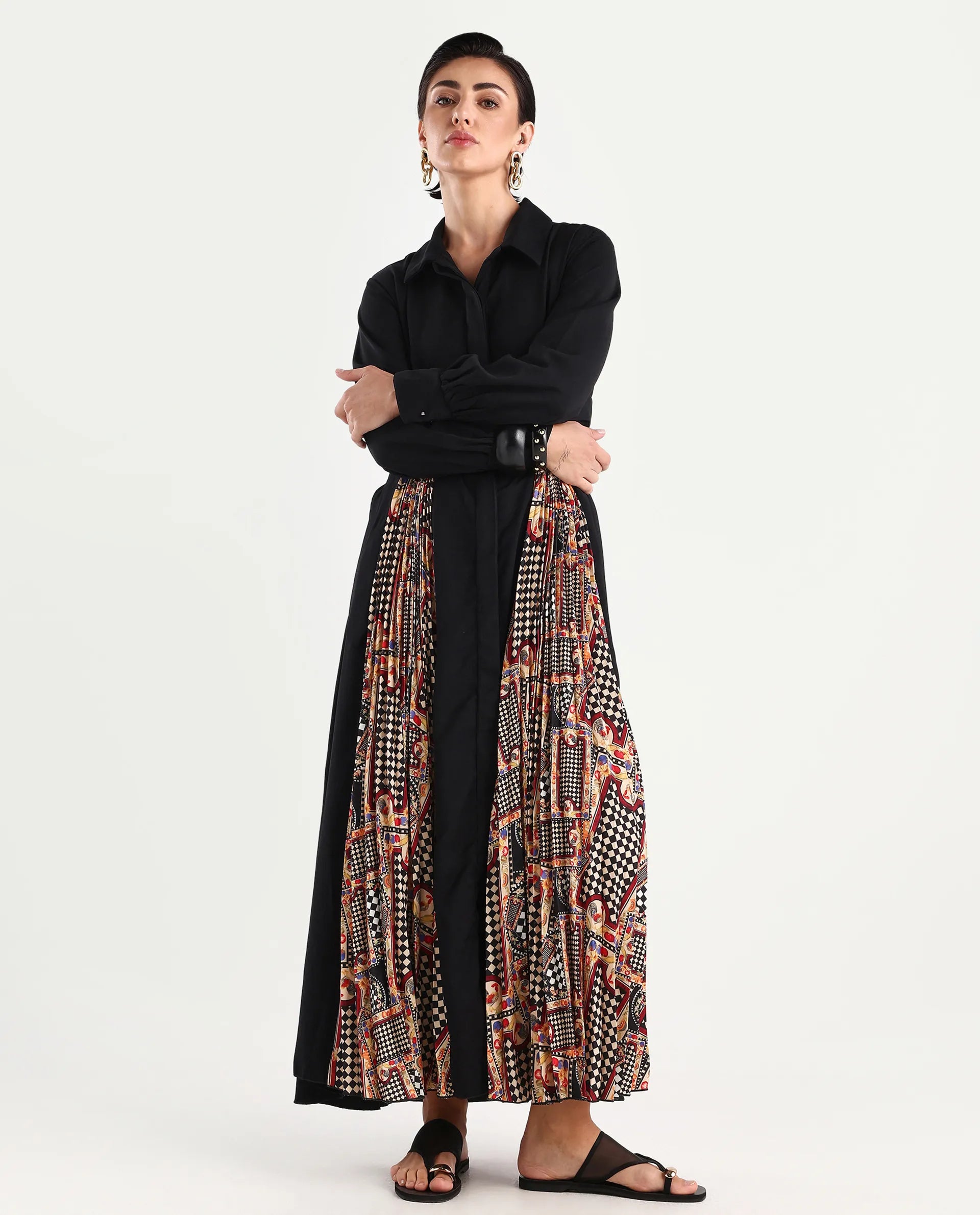 Rareism Women's Canadzor Multi Satin Drop Collar Geometric Print Bishop Sleeve Maxi Flared Dress