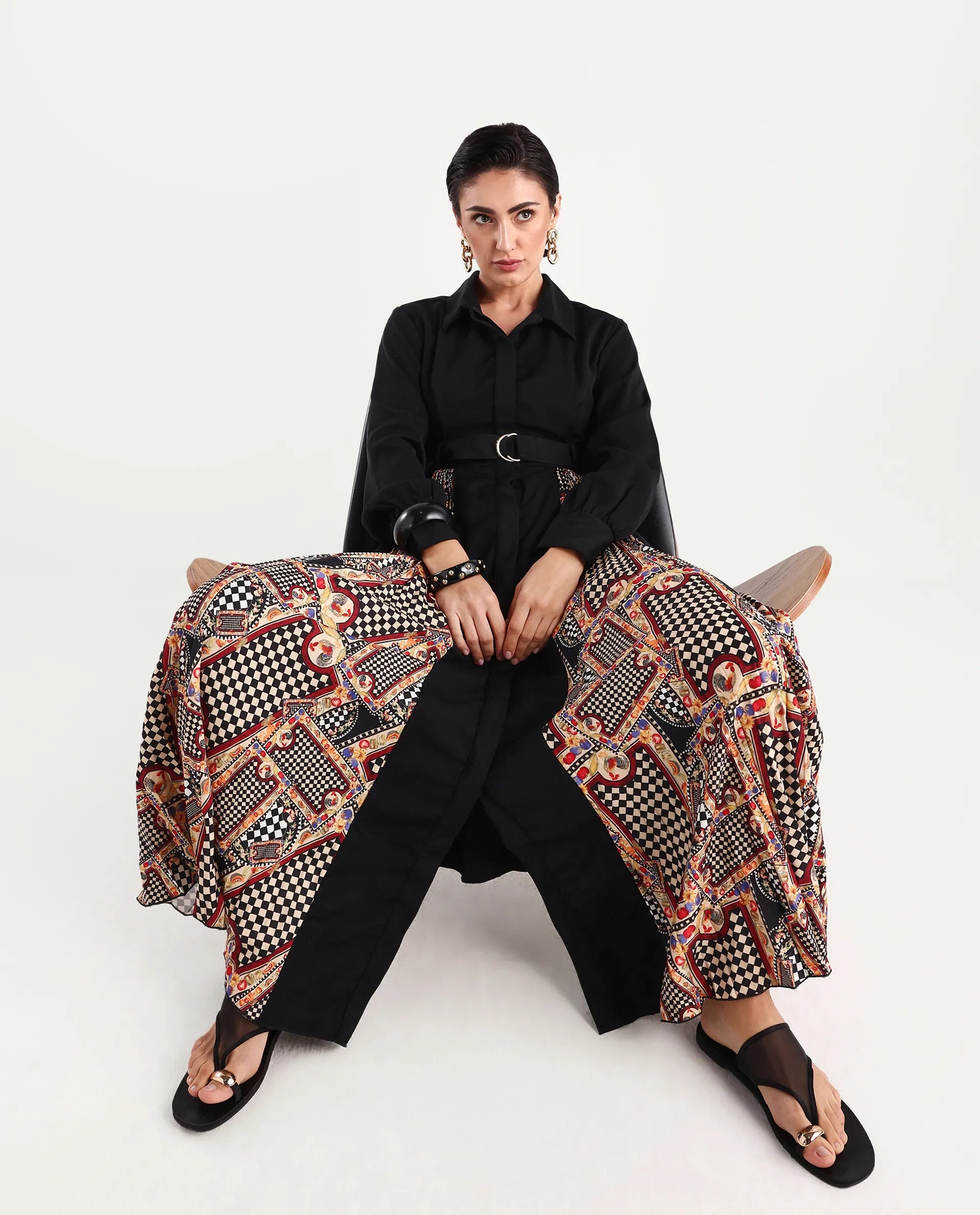 Rareism Women's Canadzor Multi Satin Drop Collar Geometric Print Bishop Sleeve Maxi Flared Dress