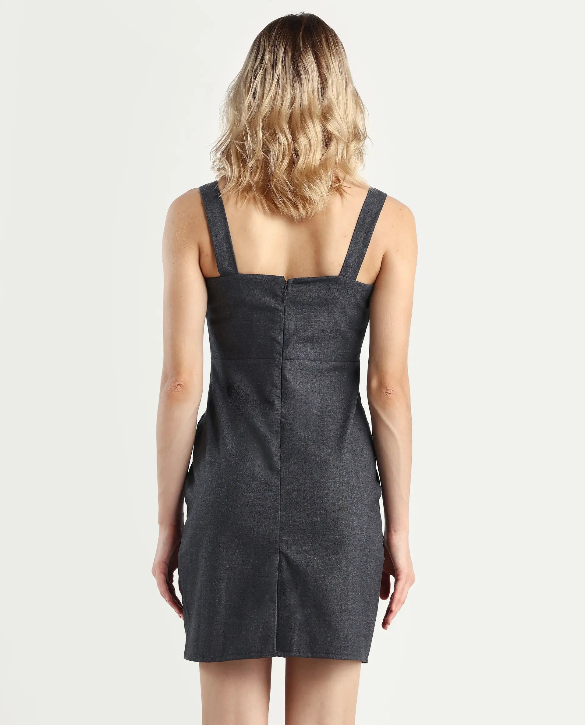 Rareism Women's Canakkale Grey Cotton Blend Sweetheart Neck Plain Sleeveless Mini Straight Fit Dress