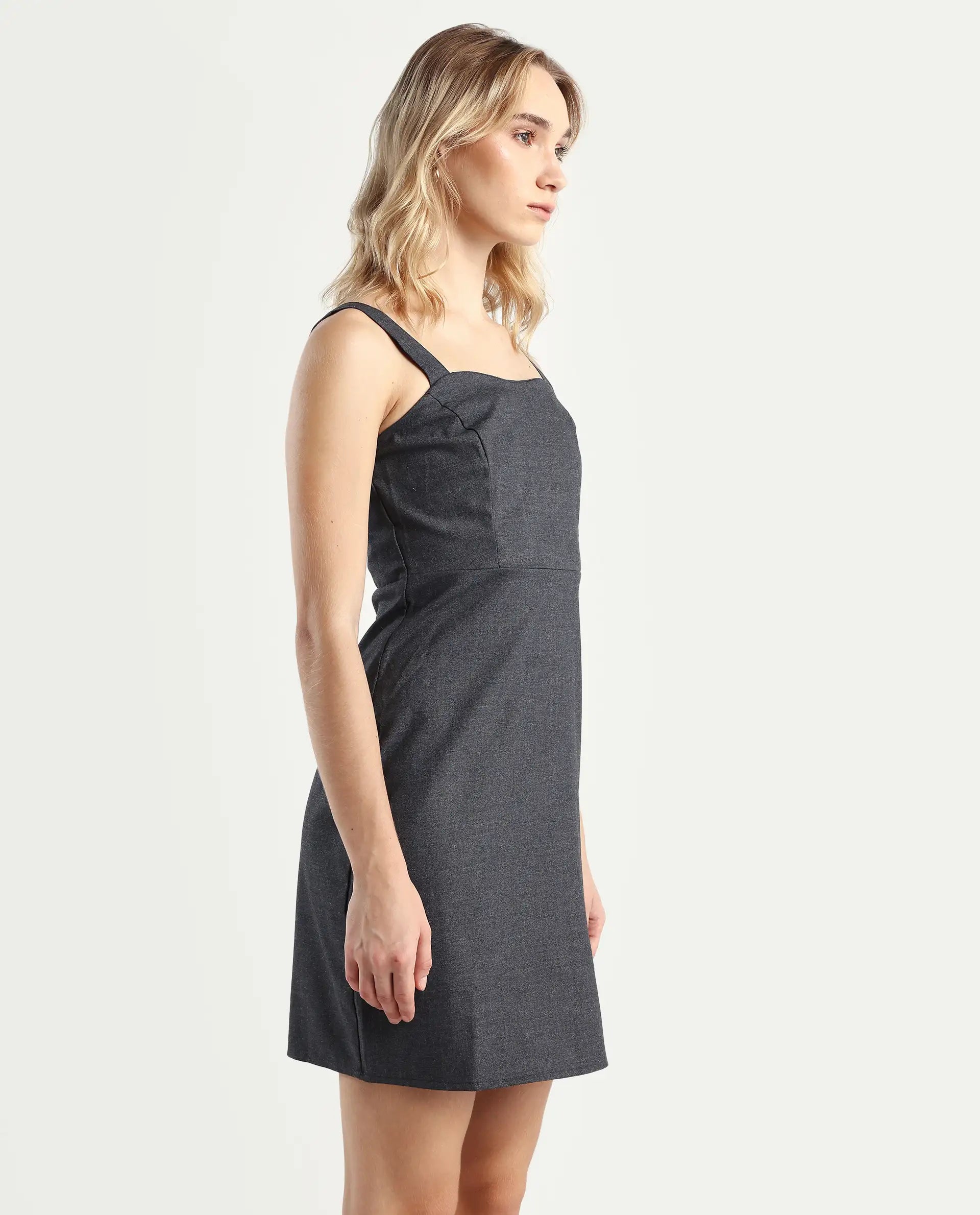 Rareism Women's Canakkale Grey Cotton Blend Sweetheart Neck Plain Sleeveless Mini Straight Fit Dress