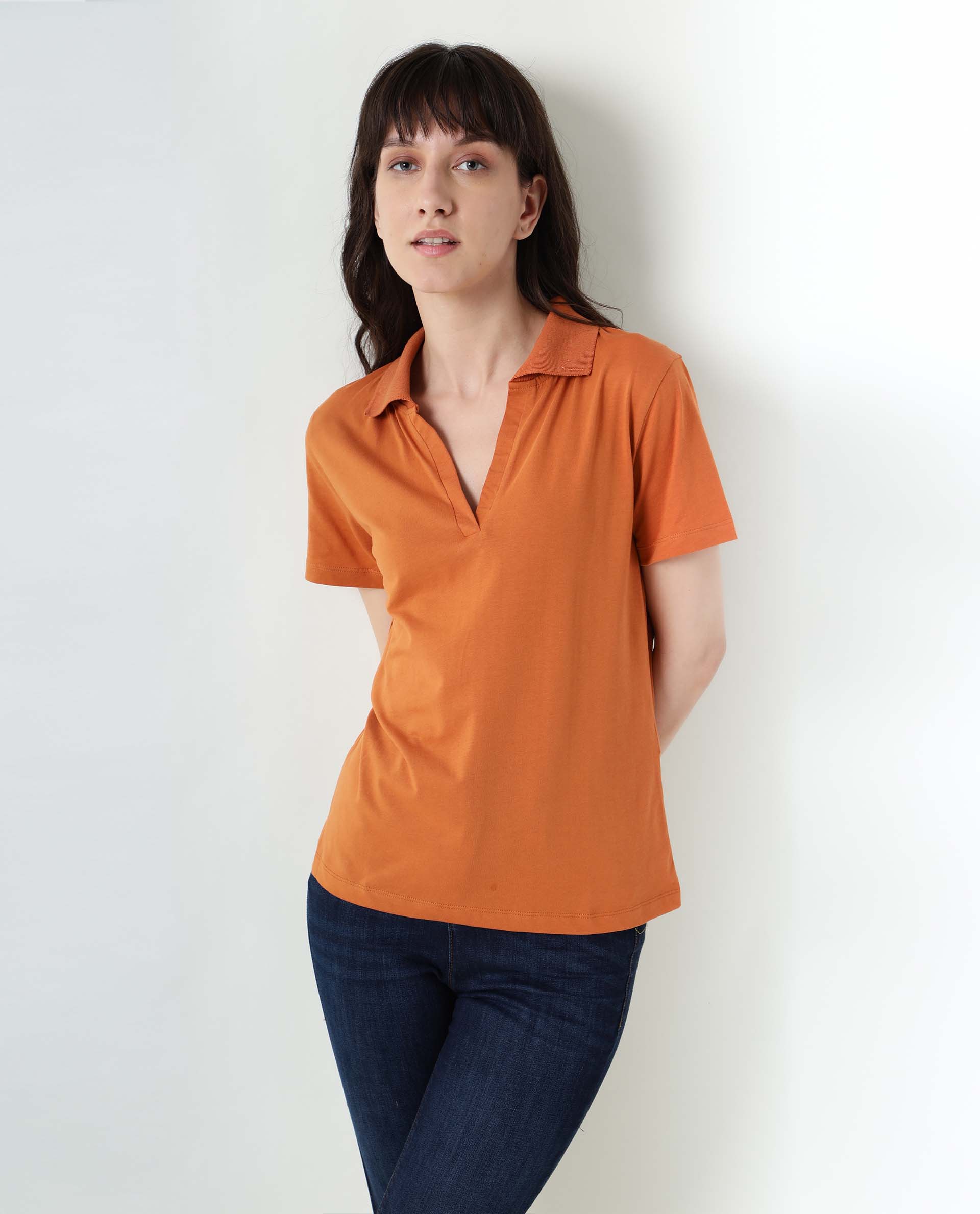 Rareism Womens Candid Orange Polo Cotton Fabric Regular Fit Half Sleeve Collared Neck
