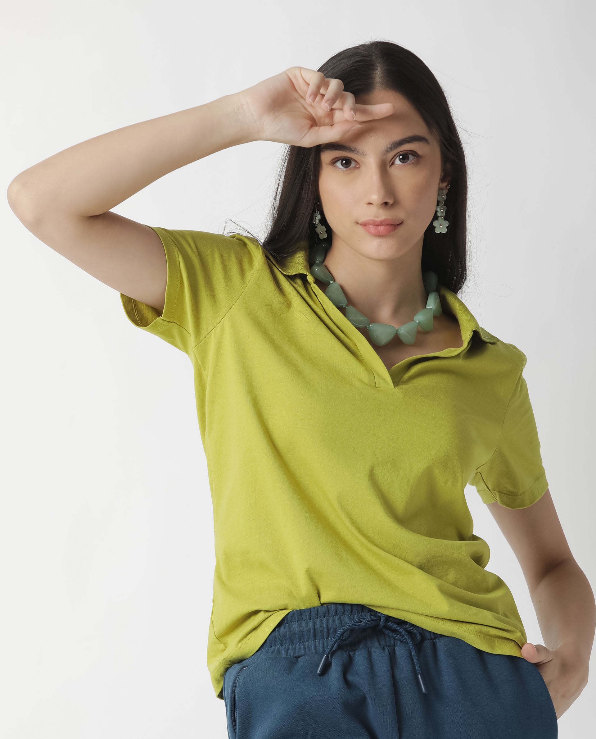 Rareism Womens Candid Green Polo Cotton Fabric Regular Fit Half Sleeve Collared Neck