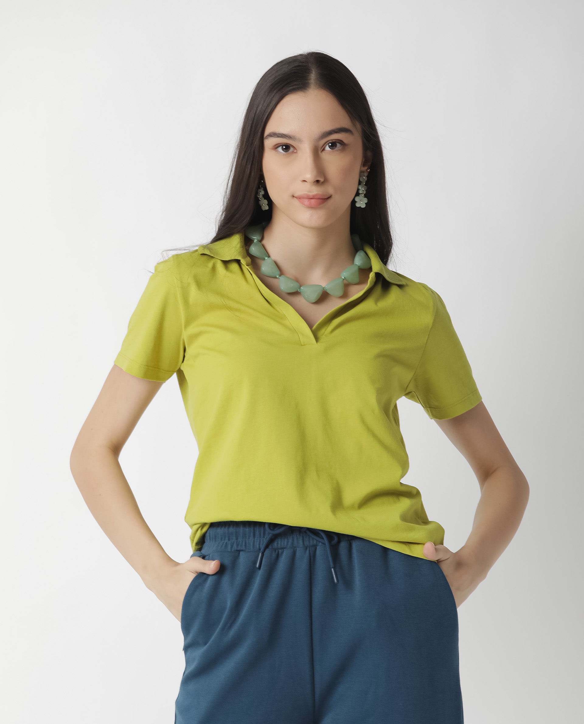 Rareism Womens Candid Green Polo Cotton Fabric Regular Fit Half Sleeve Collared Neck