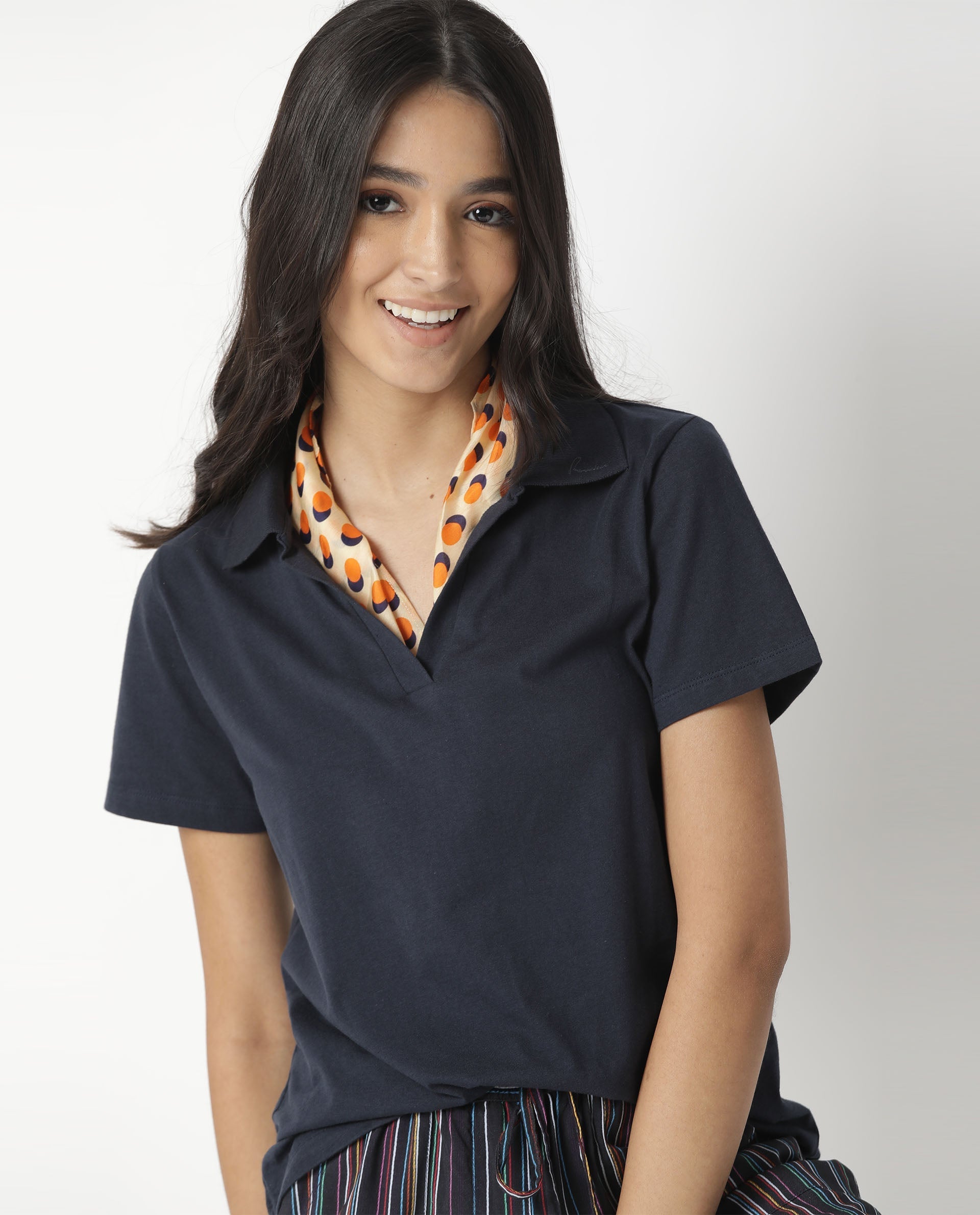 Rareism Womens Candid Navy Polo Cotton Fabric Regular Fit Half Sleeve Collared Neck