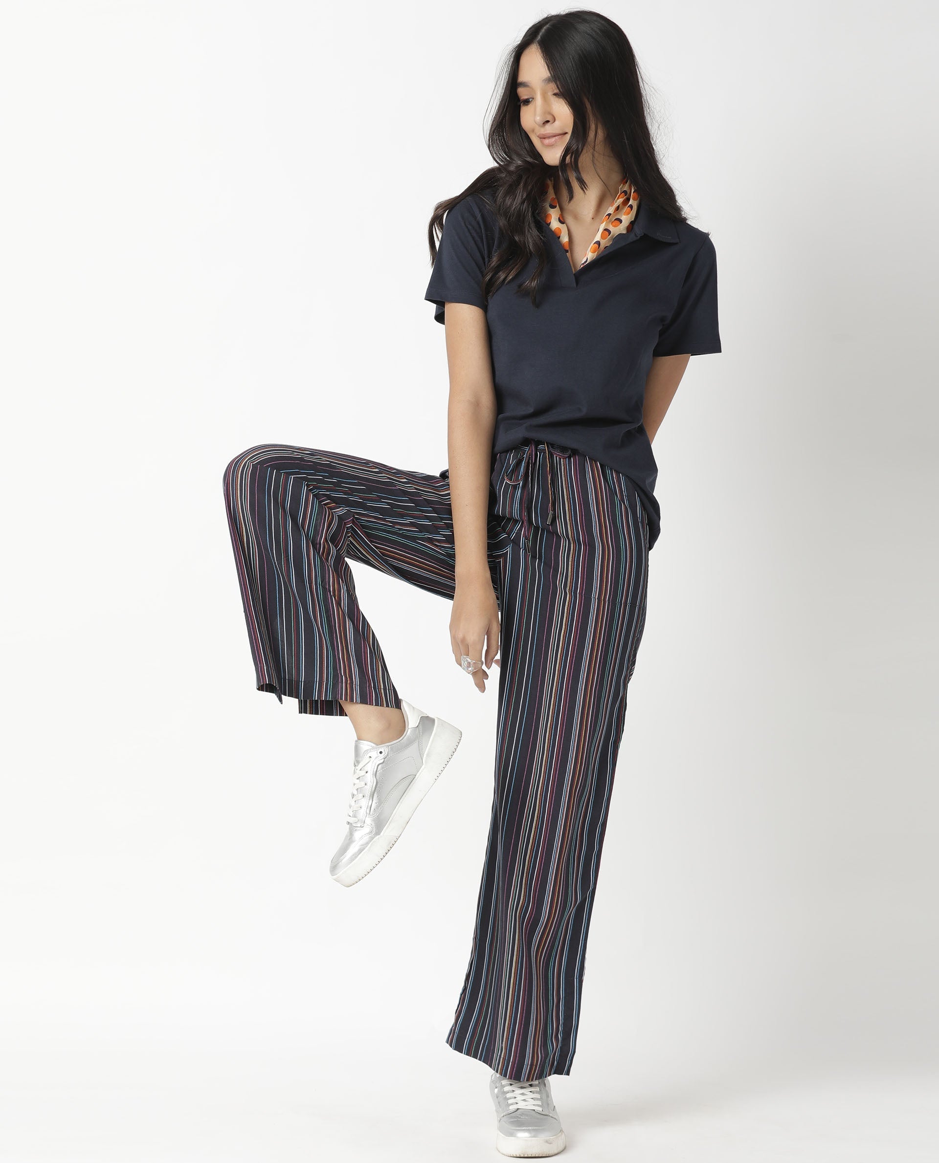 Rareism Womens Candid Navy Polo Cotton Fabric Regular Fit Half Sleeve Collared Neck