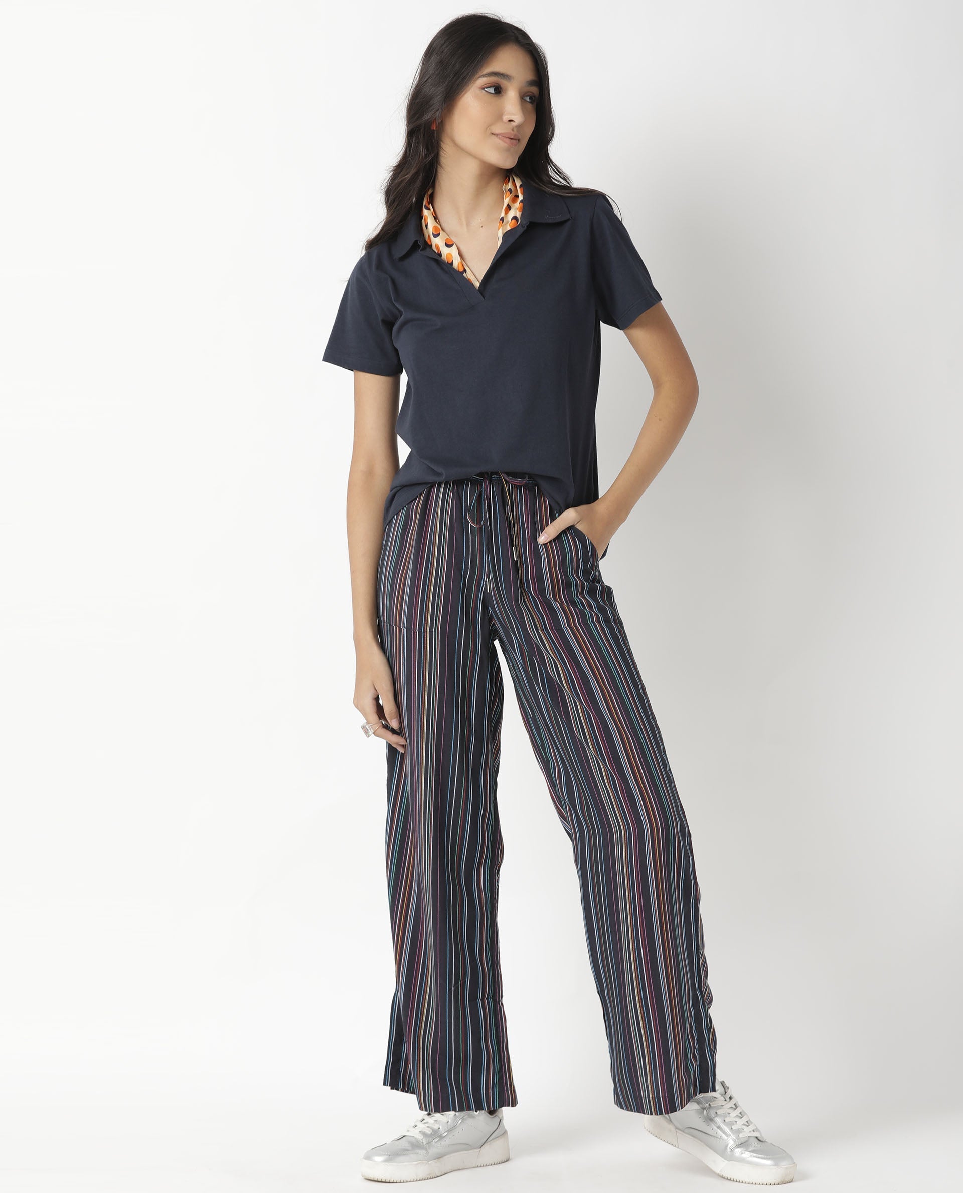 Rareism Womens Candid Navy Polo Cotton Fabric Regular Fit Half Sleeve Collared Neck