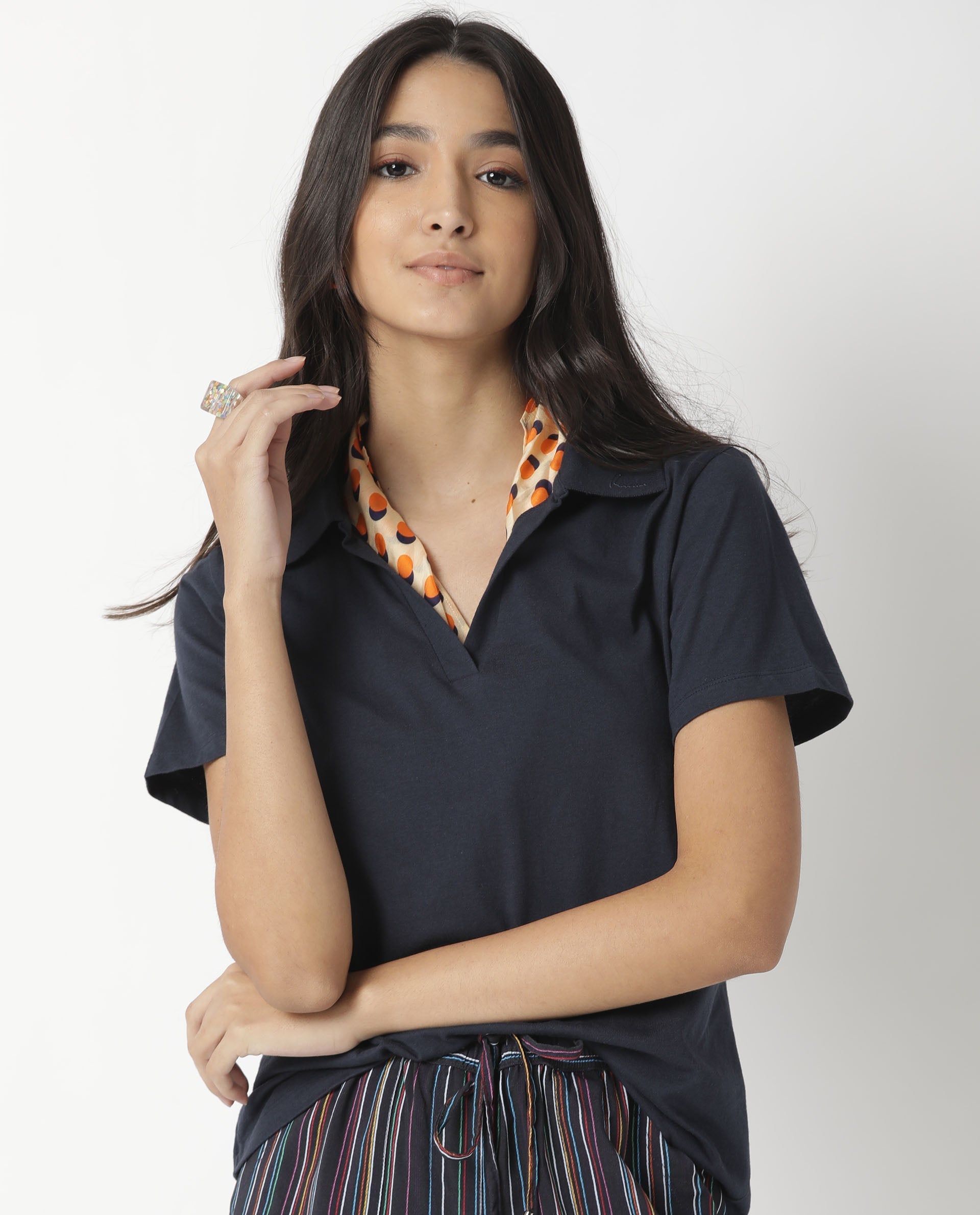 Rareism Womens Candid Navy Polo Cotton Fabric Regular Fit Half Sleeve Collared Neck