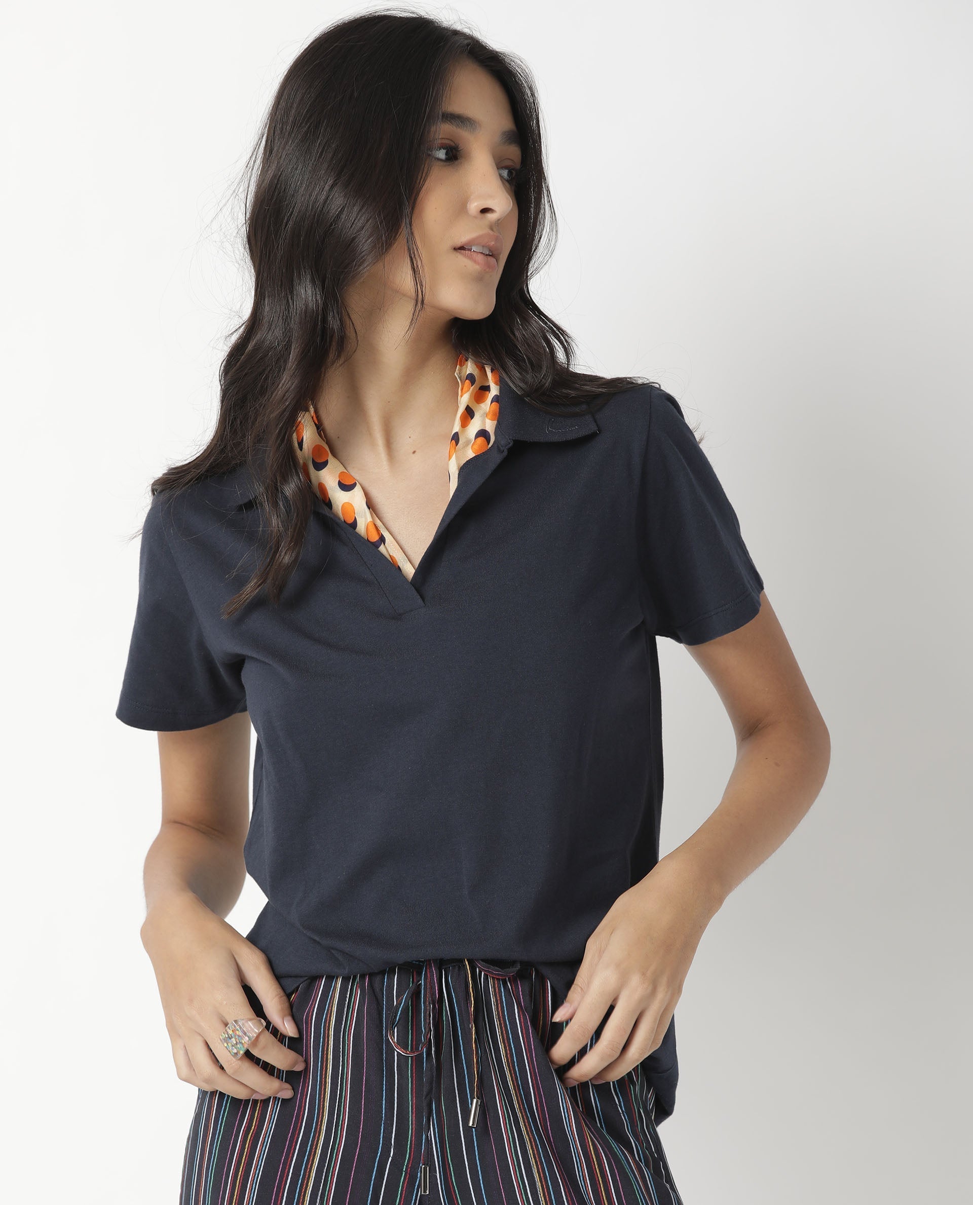 Rareism Womens Candid Navy Polo Cotton Fabric Regular Fit Half Sleeve Collared Neck
