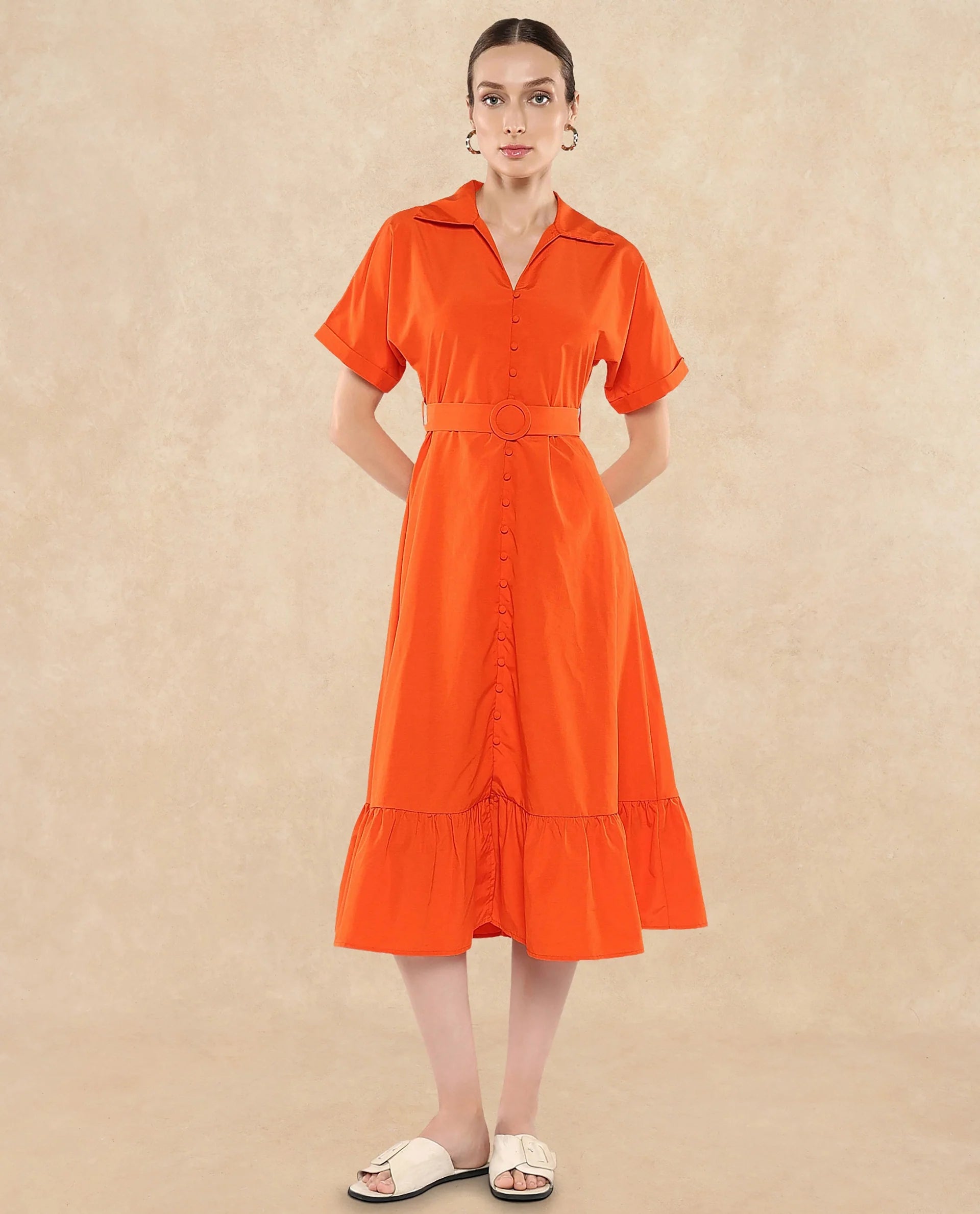 Rareism Women's Capetow Rust Cotton Johnny Collar Plain Extended Sleeves Midi A-Line Dress