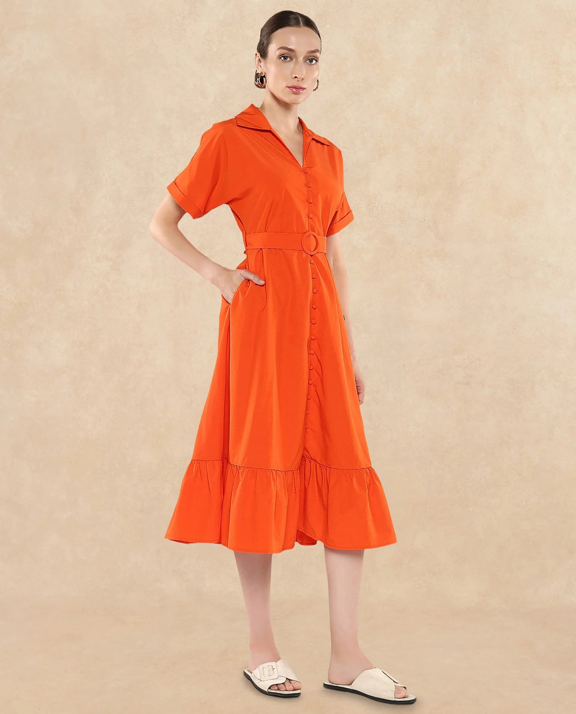 Rareism Women's Capetow Rust Cotton Johnny Collar Plain Extended Sleeves Midi A-Line Dress