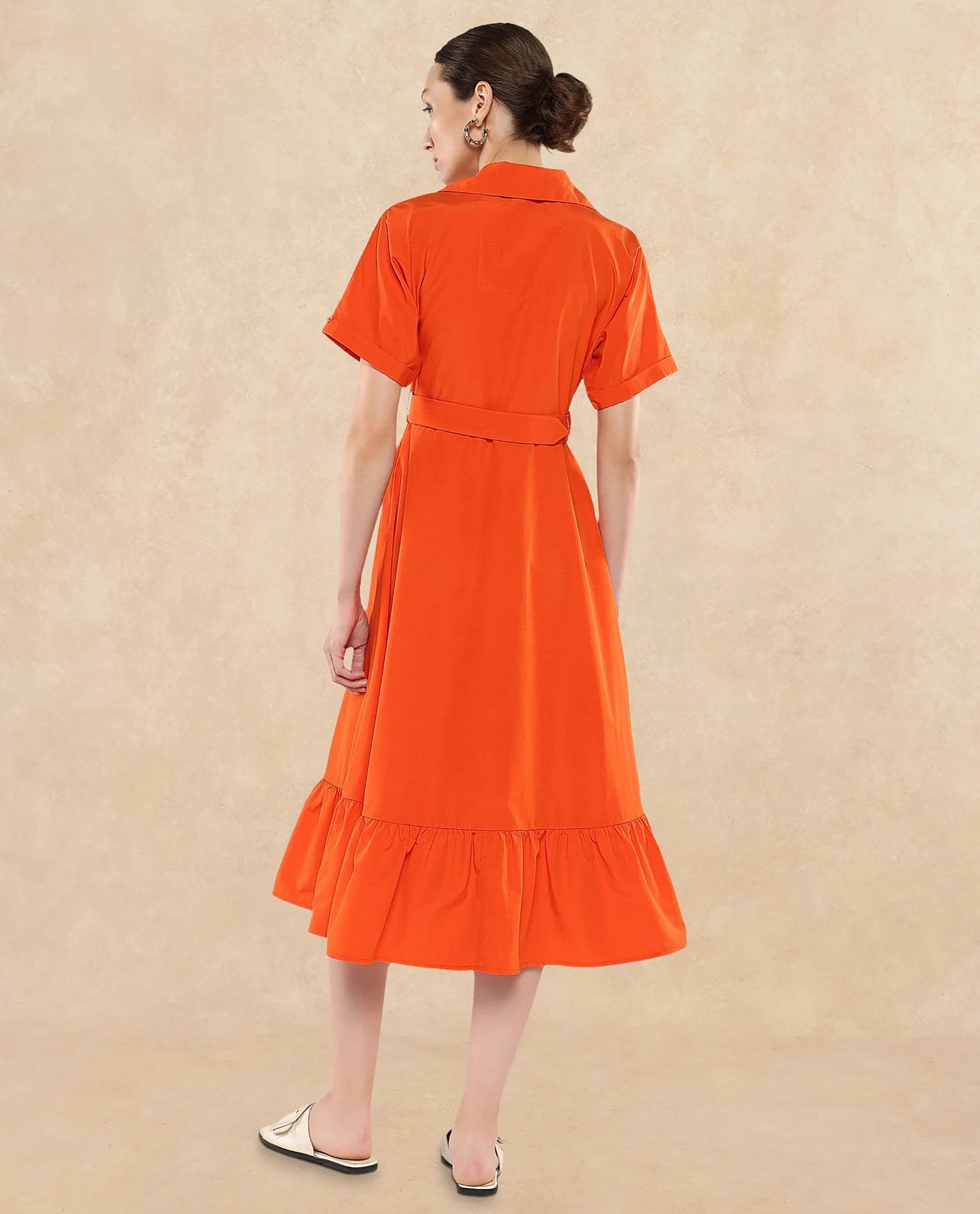Rareism Women's Capetow Rust Cotton Johnny Collar Plain Extended Sleeves Midi A-Line Dress