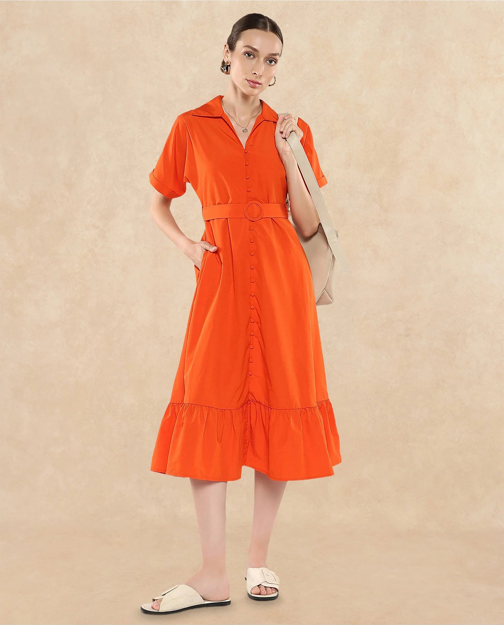 Rareism Women's Capetow Rust Cotton Johnny Collar Plain Extended Sleeves Midi A-Line Dress