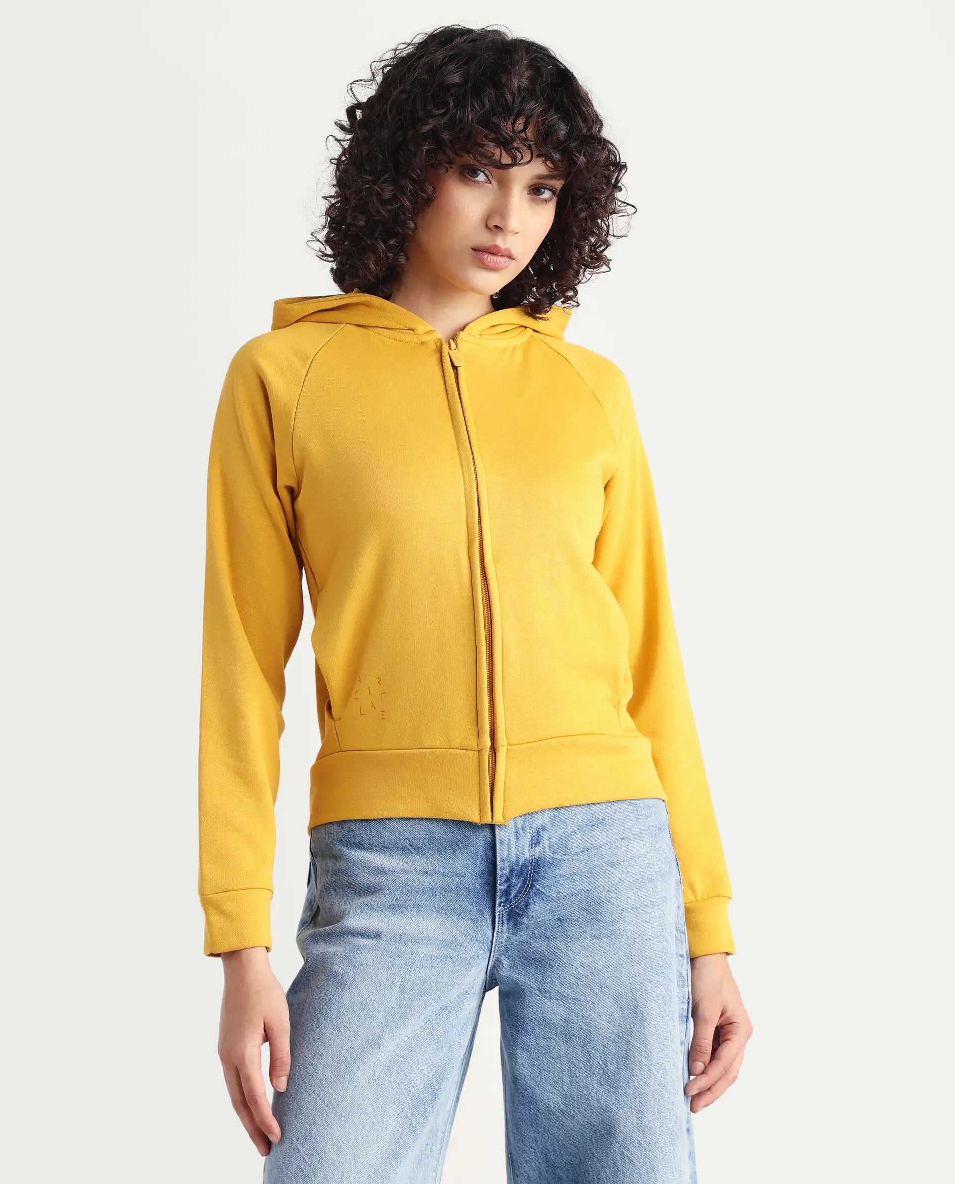 Rareism Women's Medium Weight Terry 290 Gsm Cotton Blend Hooded Plain Regular Fit Jacket