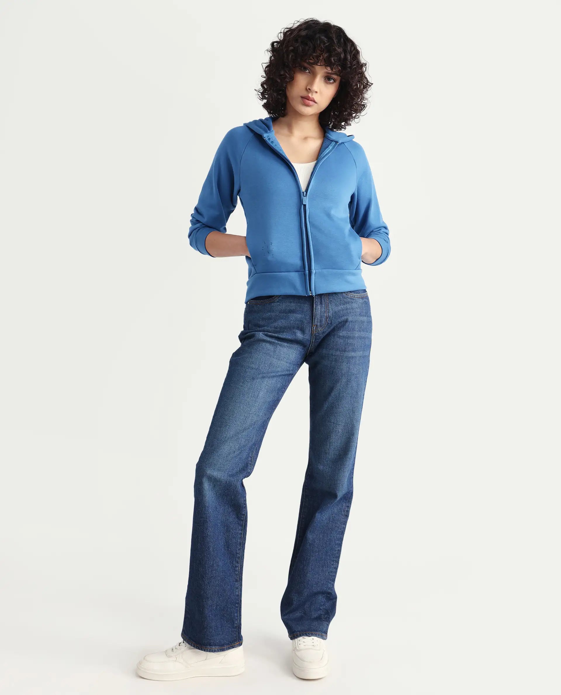 Rareism Women's Medium Weight Terry 290 Gsm Cotton Blend Hooded Plain Regular Fit Jacket