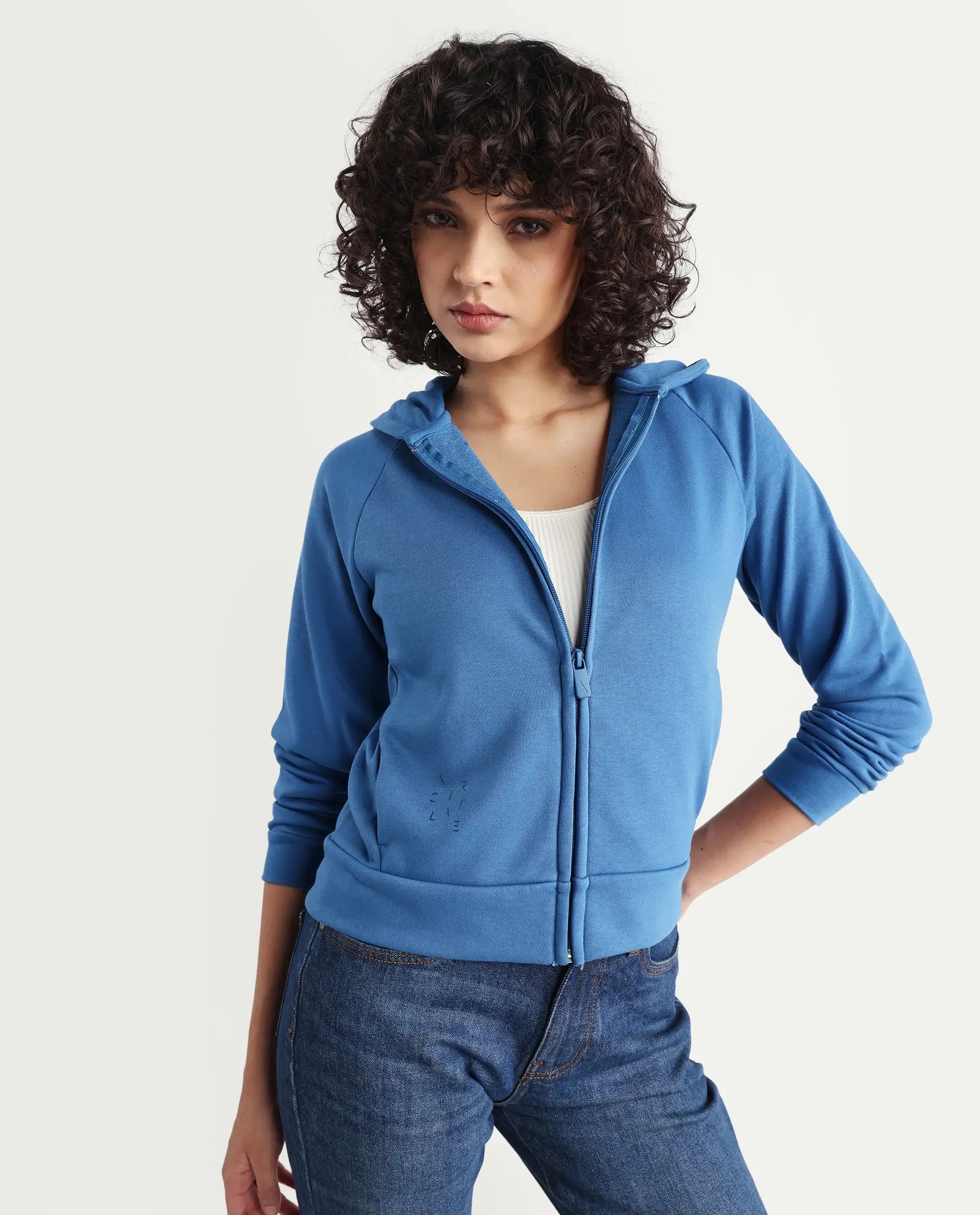 Rareism Women's Medium Weight Terry 290 Gsm Cotton Blend Hooded Plain Regular Fit Jacket