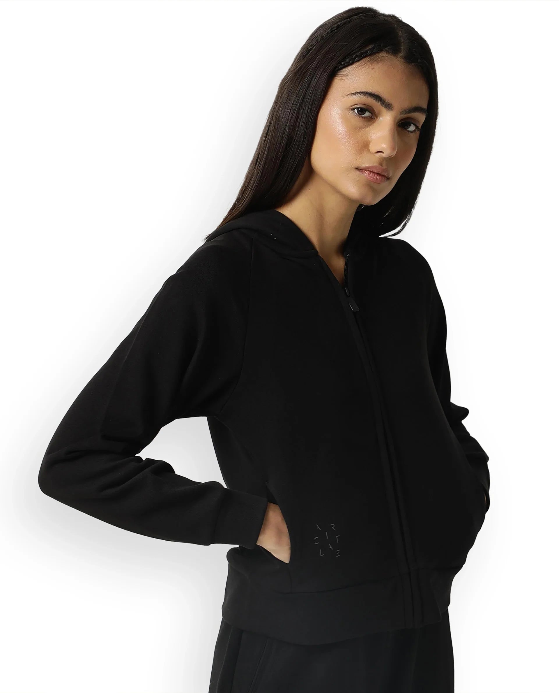 Rareism Women Capper Black Cotton Blend Fabric Full Sleeves Solid Hooded Jacket