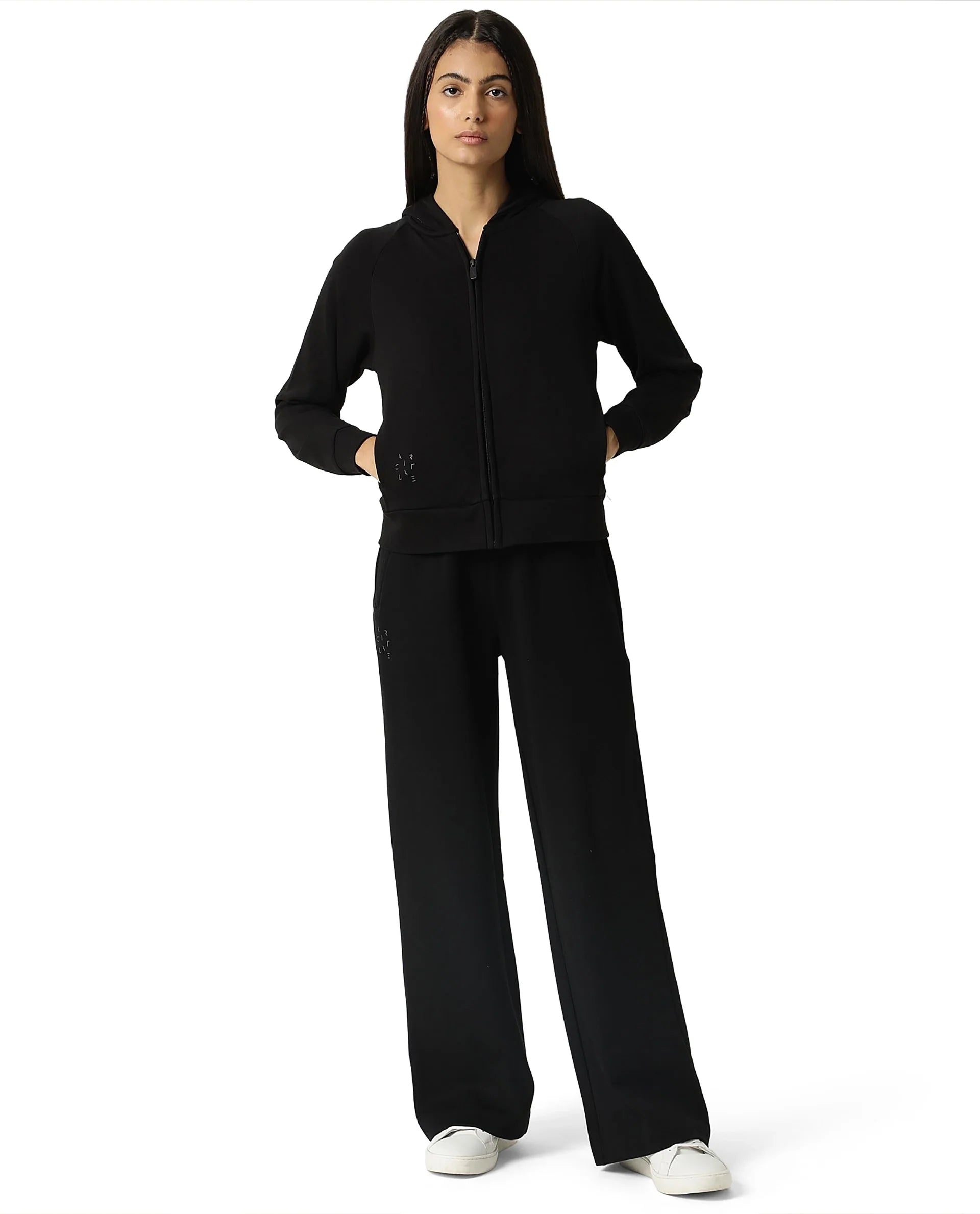 Rareism Women Capper Black Cotton Blend Fabric Full Sleeves Solid Hooded Jacket