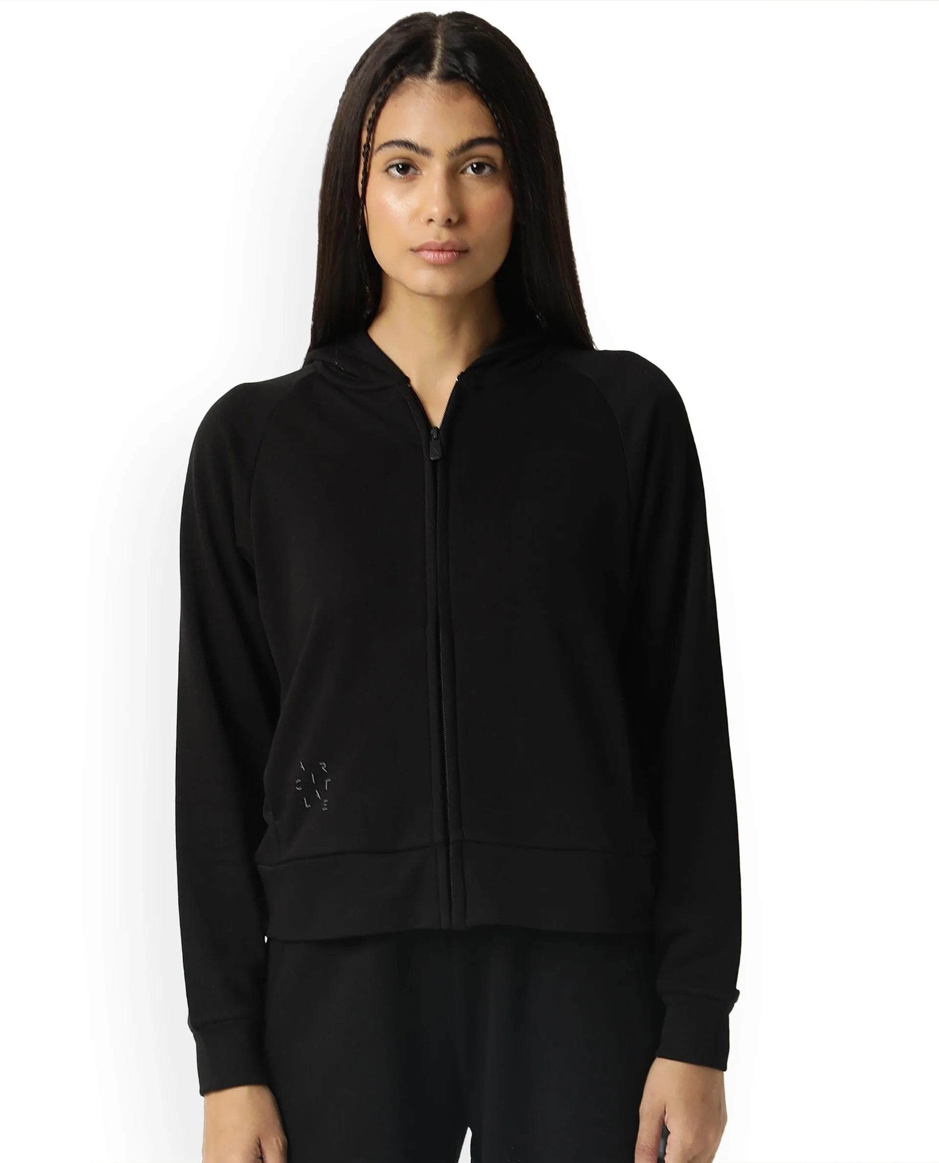 Rareism Women Capper Black Cotton Blend Fabric Full Sleeves Solid Hooded Jacket
